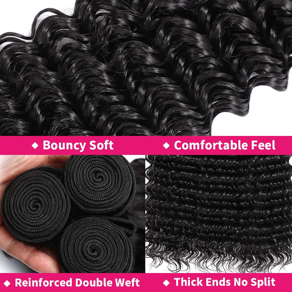 Deep Wave Human Hair Bundles 18 20 22 Inch 12A Brazilian Deep Wave Bundles Human Hair 100% Unprocessed Virgin Deep Curly Human Hair Weave 3 Bundles Natural Color Water Wave Bundles