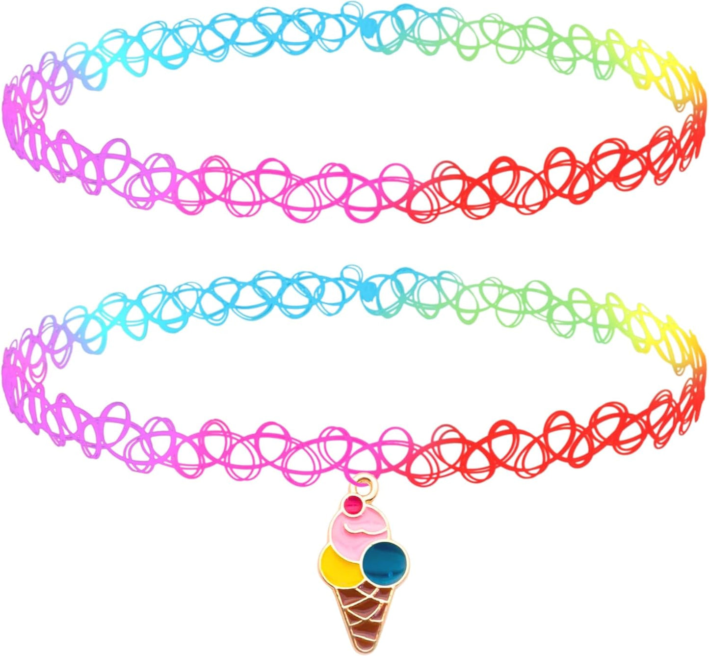 2PC Tattoo Choker Necklace - 90S Choker Necklace Women - 2000S Y2K Black Chokers Rainbow Choker - Butterfly Ying Yang Unicorn Rainbow Charms - Stretchy Elastic Necklace