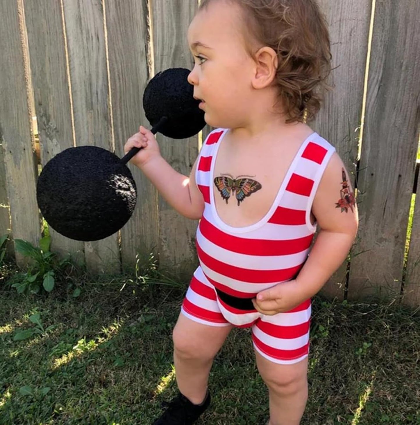 Strong Man Toddler Costume, Red Stripes Sleeveless U Neck Romper Short Jumpsuit with Belt, Halloween Cosplay Costume