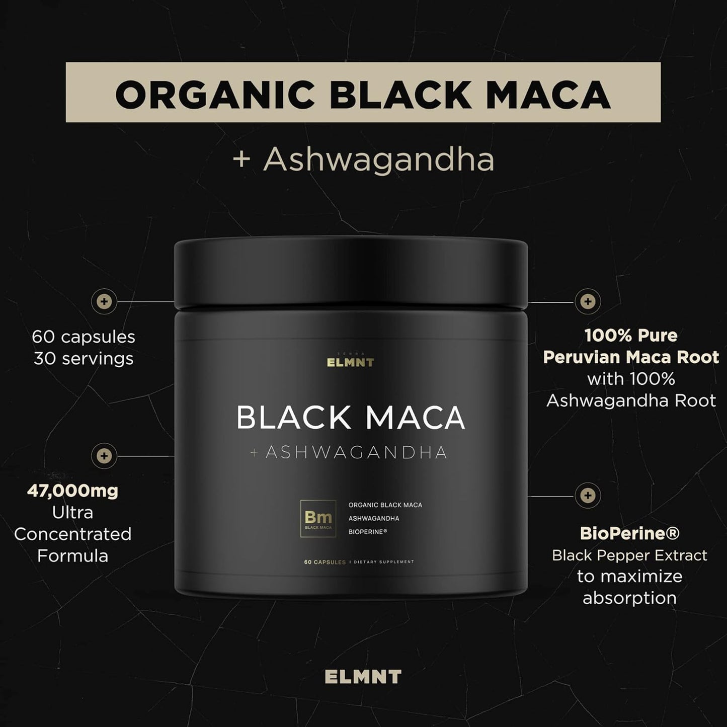 40,000Mg 40X Strength Organic Black Maca Root + Ashwagandha - #1 Highest Potency Black Maca Root Capsules for Men Supplement 100% Pure Maca Peruana 40:1 Extract Maca Powder Pills Male Booster TLBH