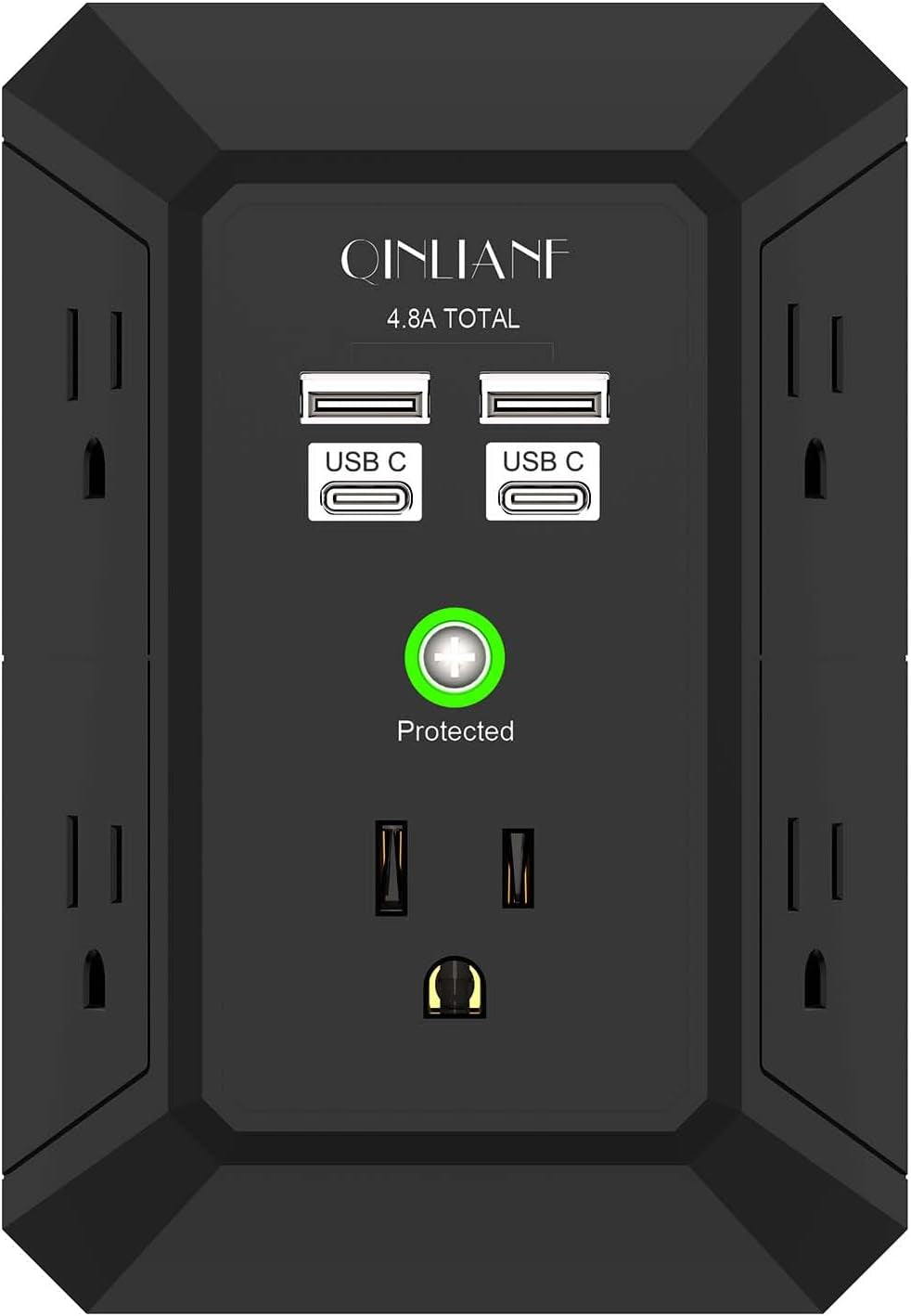 Wall Charger, Surge Protector, 5 Outlet Extender with 4 USB Charging Ports (4.8A Total) 3-Sided 1680J Power Strip Multi Plug Adapter Spaced for Home Travel Office (3U1C)