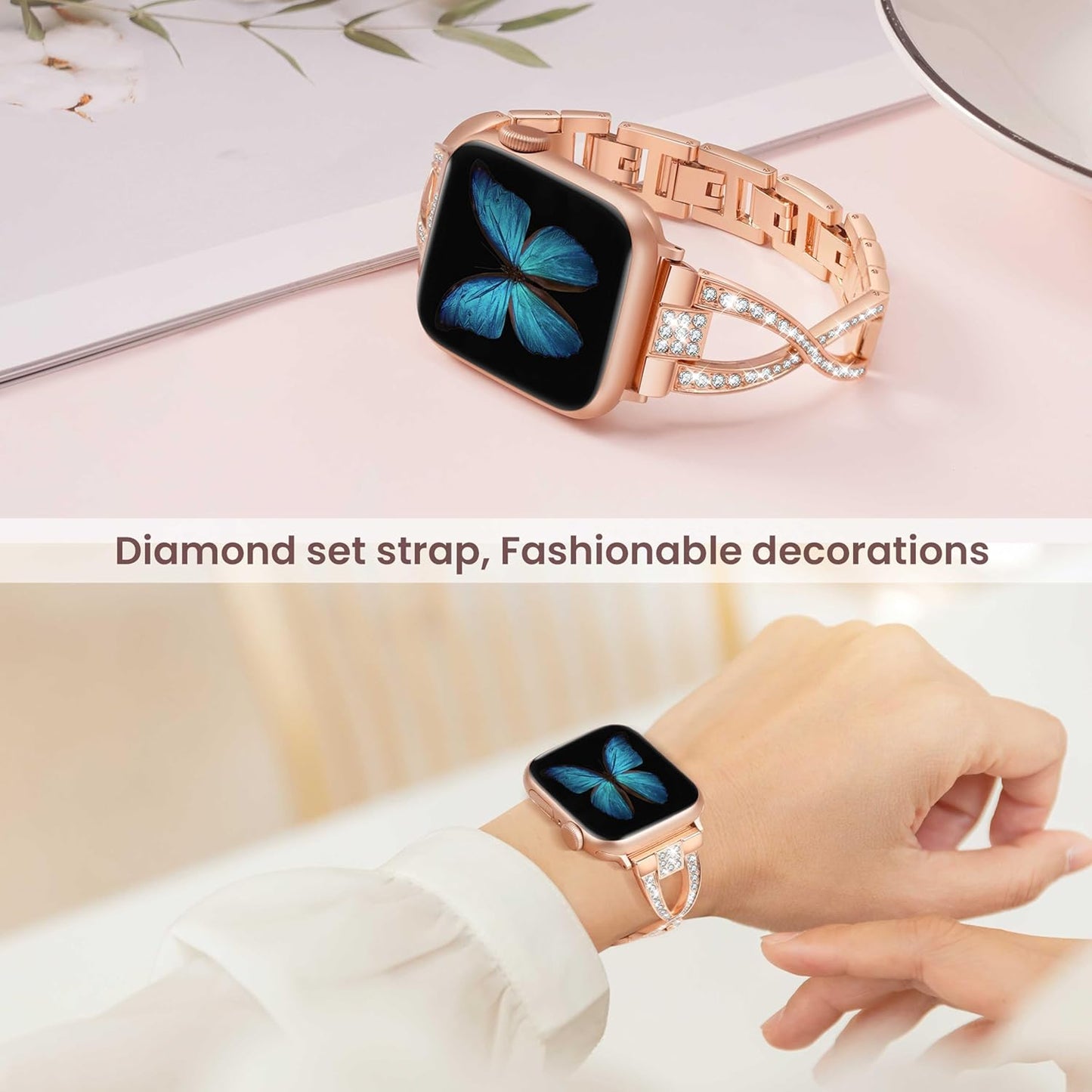Bands for Apple Watch 38Mm 40Mm 41Mm Women Series 9 8 7 6 5 4 SE Iwatch Band Bling Metal Bracelet Fancy Cute Dressy Strap Rose Gold