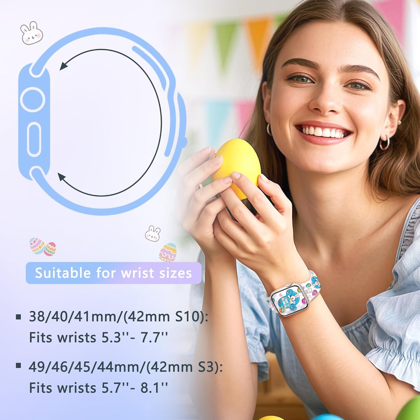 Easter Apple Watch Bands for Women Men 41Mm 42Mm 44Mm 45Mm 46Mm 49Mm 38Mm 40Mm,Soft Silicone Holiday Strap Easter Apple Watch Band for Apple Watch Series 10 9 SE 8 7 6 5 4 3 2 1 Ultra 2 1-Easter Rabbits & Eggs