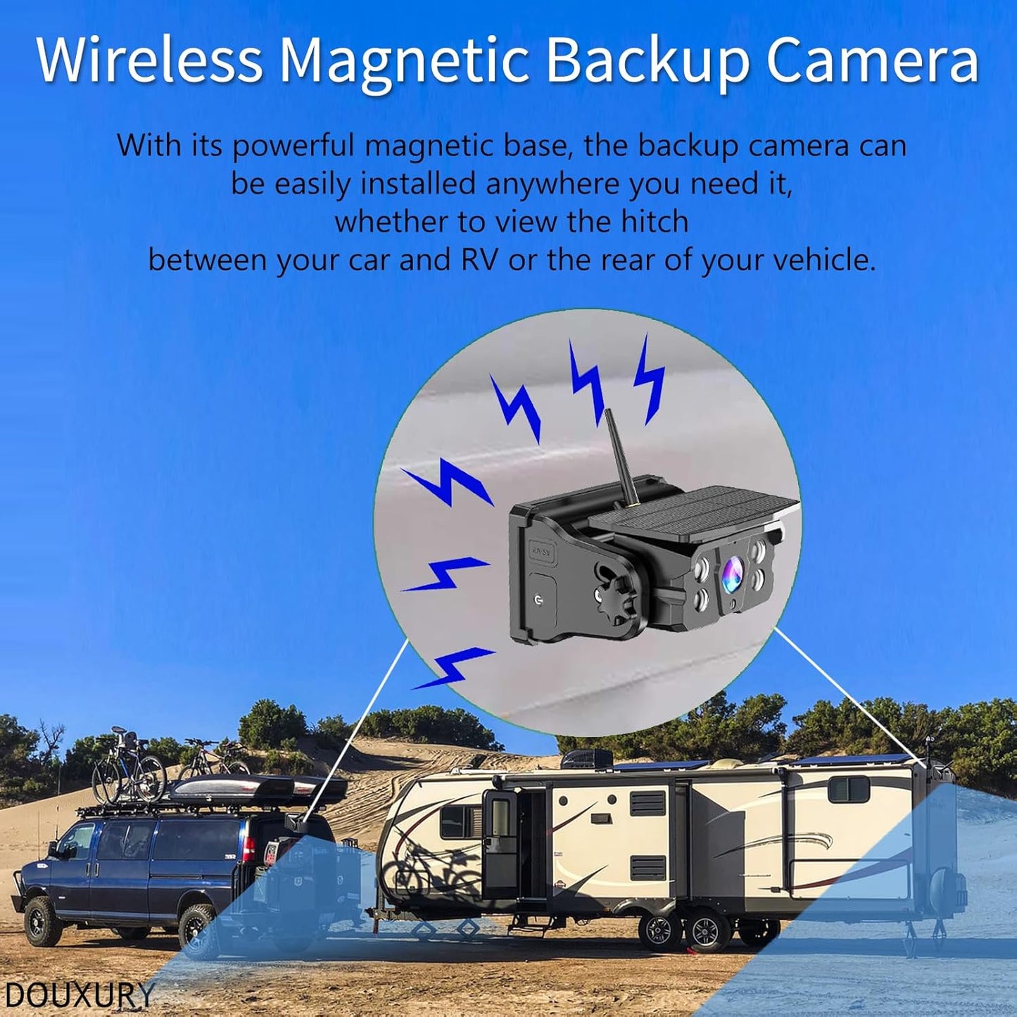 Wireless Backup Camera Solar Magnetic for Car RV Trailer Truck Camper 5Th Wheels Hitch Towing No Wiring No Drilling Rechargeable Night Vision Portable Backup Camera with 5" 1080P HD 2-Split Monitor TRUCK DRIVER