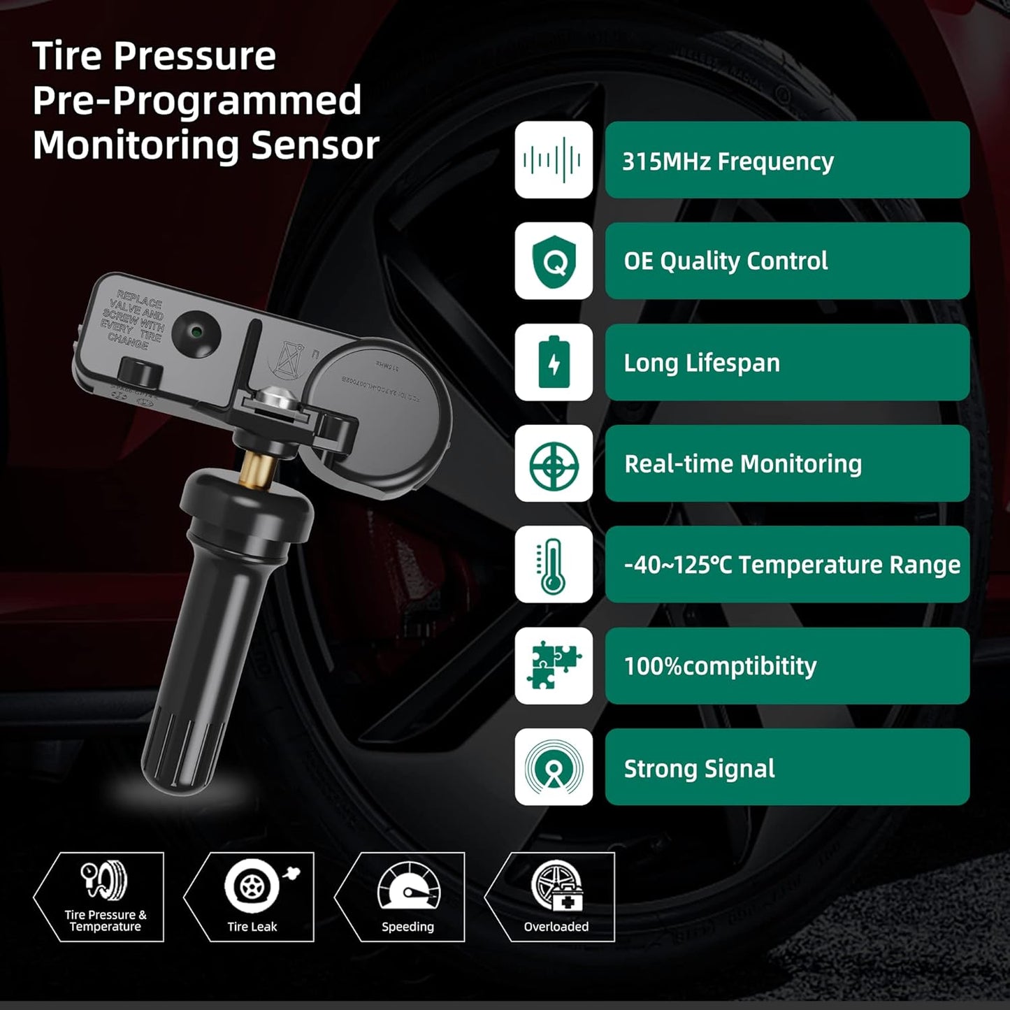 TPMS Sensor,Gm 315Mhz Tire Pressure Monitoring Sensor Compatible for Chevy Silverado GMC Cadillac Buick Pontiac Saturn Hummber Saab Replace#13598771 13598772 13586335 13581558 4 Pack