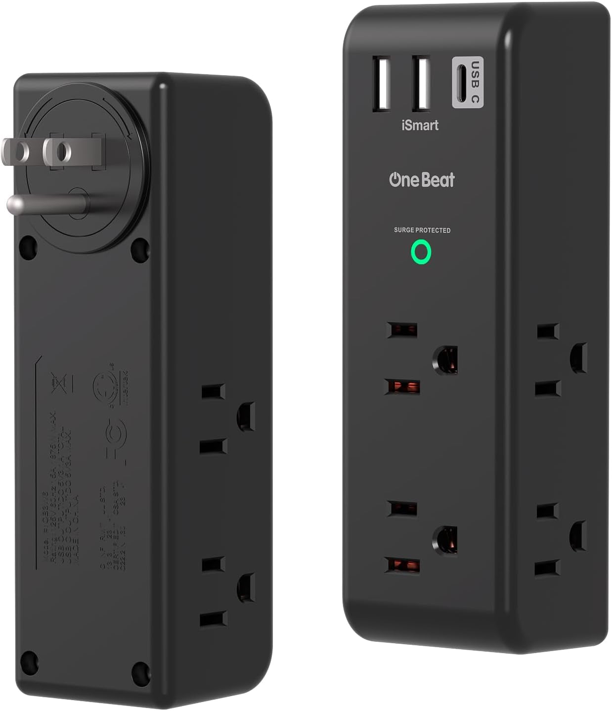 Surge Protector Outlet Extender - with Rotating Plug, 6 AC Multi Plug Outlet with 3 USB Ports (1 USB C), 1800J Wall Charger, 3-Sided Power Strip with Spaced Outlet Splitter for Home, Office, Travel
