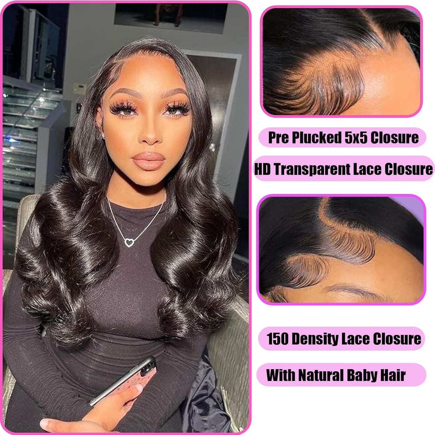 5X5 Hd Lace Closure 5X5 Body Wave Closure Human Hair 12A Real Transparent Lace Closure Virgin Remy Human Hair Frontal Closure Pre Plucked with Baby Hair Natural Black Color(10Inch)