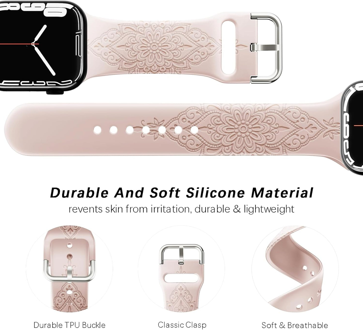 Chinese Style Engraved Bands Compatible with Apple Watch Bands 38Mm 40Mm 41Mm for Women Girl, Floral Design Soft Silicone Strap for Iwatch Ultra/Ultra 2 Series 9/8//7/6/5/4/3/2/1/SE