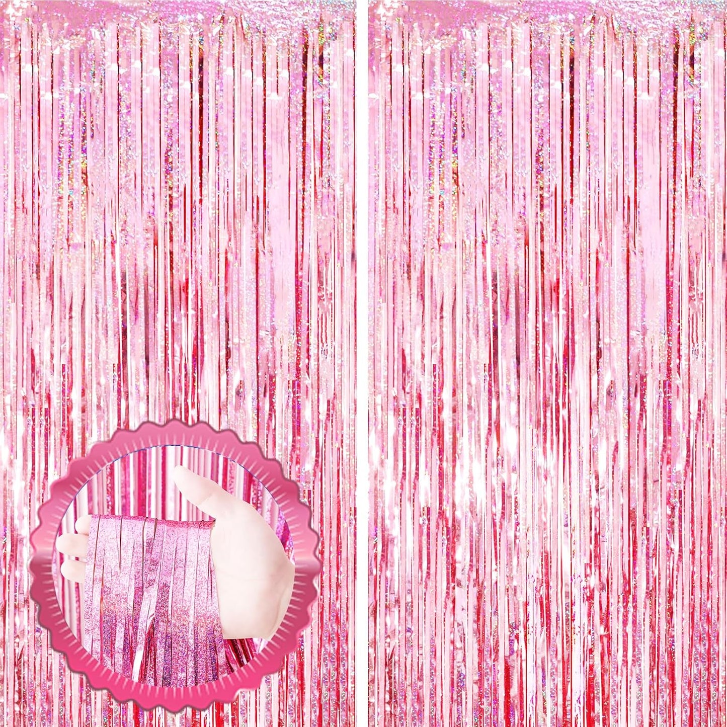 2 Pack Laser Pink Tinsel Foil Fringe Curtains, Pink Party Decorations, Metallic Tinsel Party Streamers Backdrop for Birthday Bachelorette Baby Shower Graduation Wedding Party Decorations