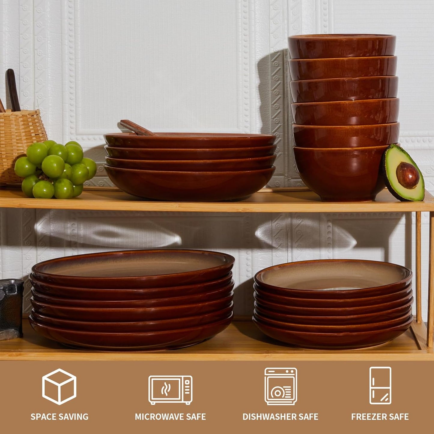 Stoneware Dinnerware Set Service for 4, 12 Pcs Reactive Glaze Plates and Bowls Sets, Handmade round Dishes Set, Highly Chip and Crack Resistant Modern Plate Set, Red Brown & Yellow