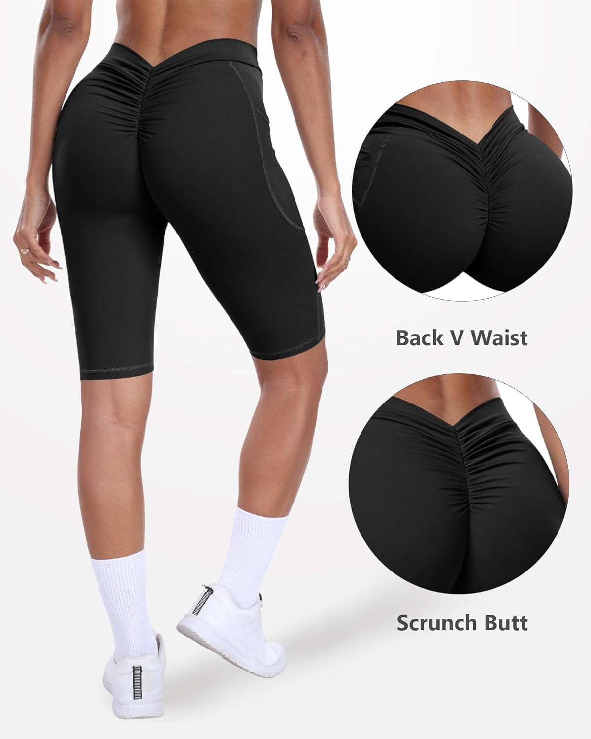 V Back Biker Shorts with Pockets Scrunch Butt Lifting Shorts for Women Athletic Gym Yoga Booty Shorts