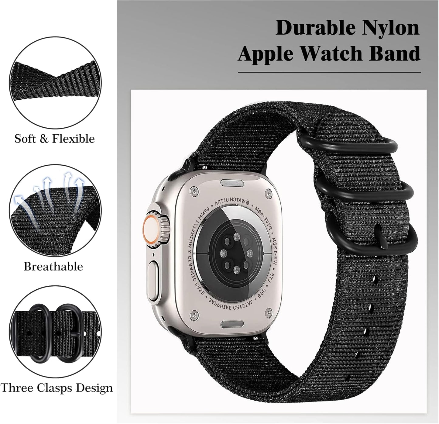 Breathable Nylon Band with Three Loop for Apple Watch Band 41Mm 40Mm 38Mm, Light Military Outdoor Sport Iwatch Bands for Men, Cool Rugged Tough for Apple Watch Bands Series 8 7 6 SE 5 4 3 2 1(Black)
