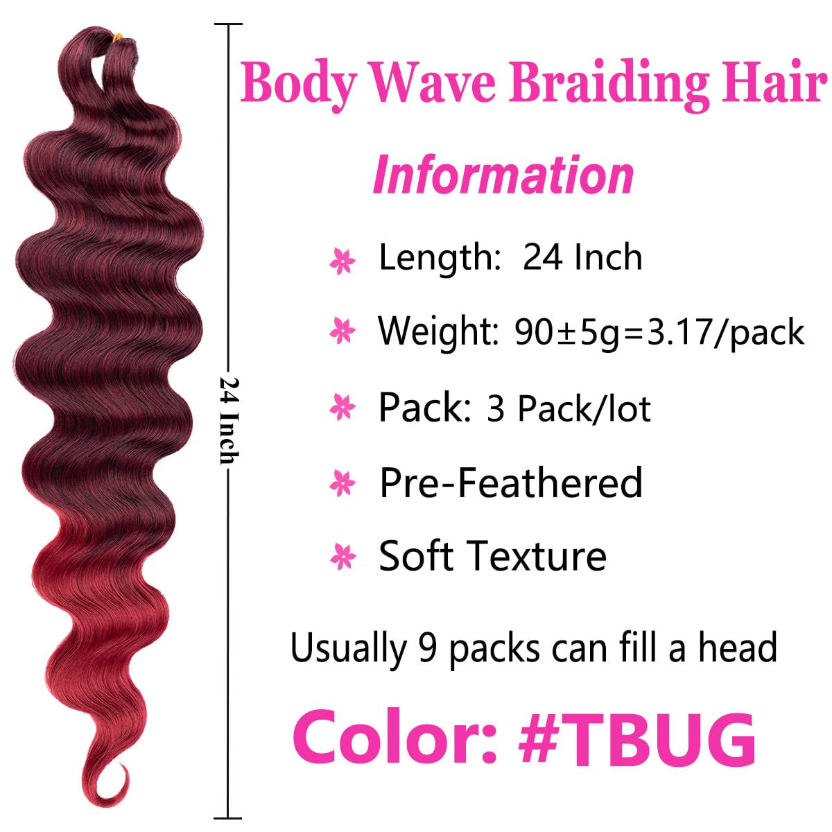 3 Packs Body Wave Braiding Hair 24 Inch Pre-Feathered Ombre French Curl Wavy Braiding Hair Premium Bouncy Wavy Texture Braiding Synthetic Hair Braids for Boho Box Braids Crochet Hair(Tbug#)