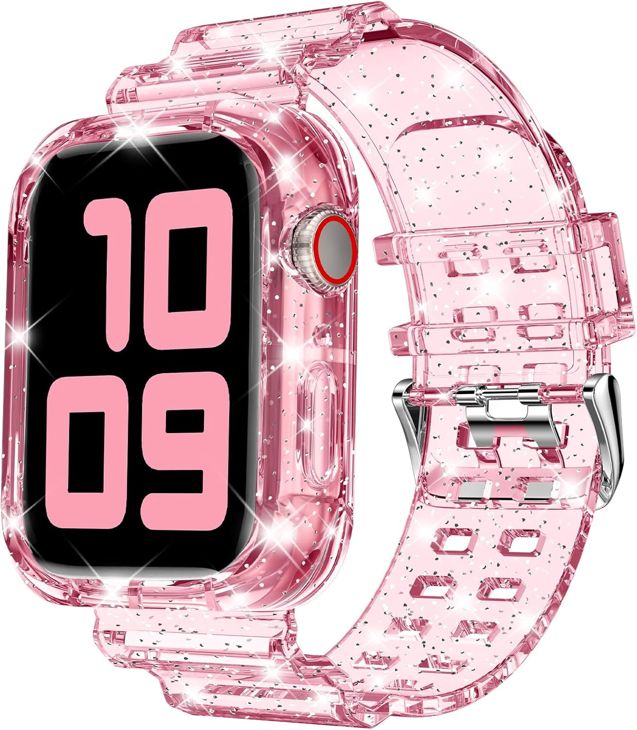 Compatible for Clear Apple Watch Band with Bumper Case, Women Men Glitter Bling TPU Sport Strap for Iwatch SE Ultra Series 10 9 8 7 6 5 4 3 2 1