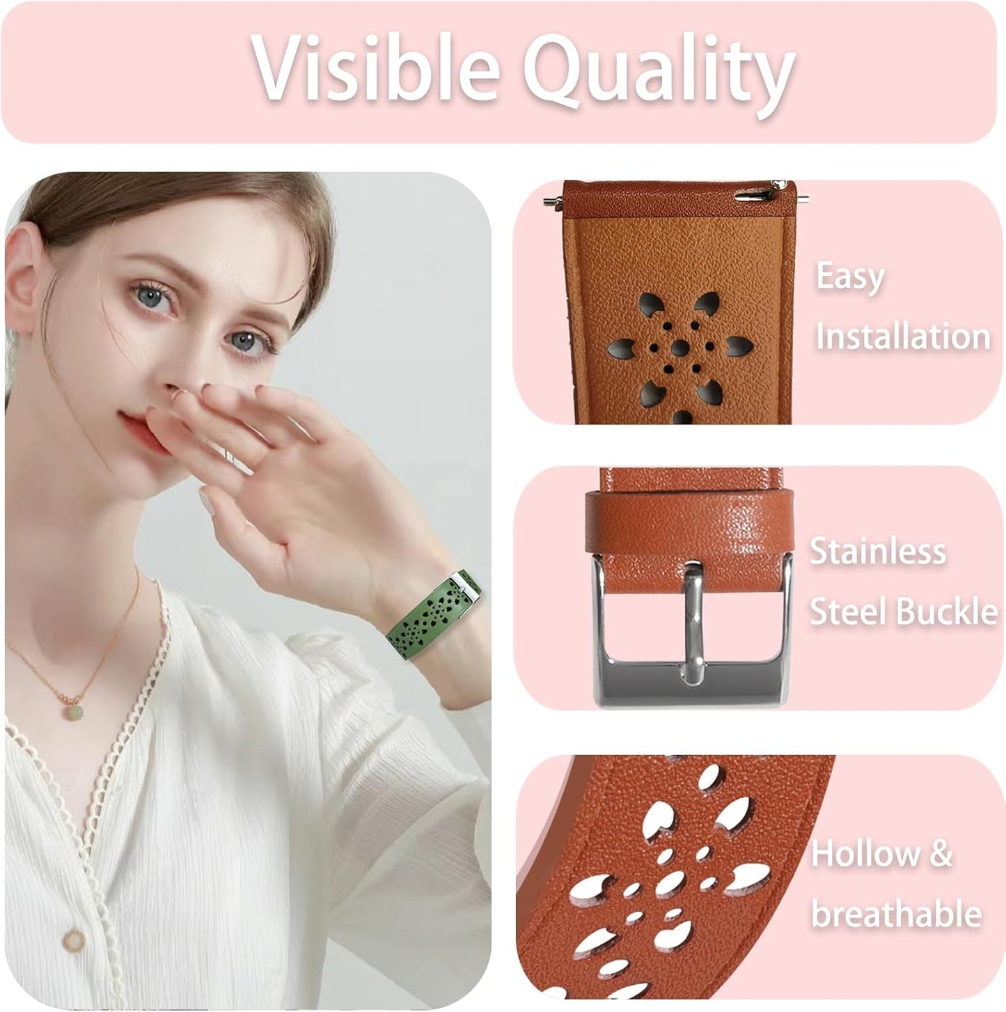 20Mm Leather Bands for Samsung Galaxy Watch 6/5/4 40Mm 44Mm/Watch 5 Pro 45Mm/Watch 4 Classic 42Mm 46Mm, Floral Breathable Hollow Replacement Wristbands for Women Men,1 Pack