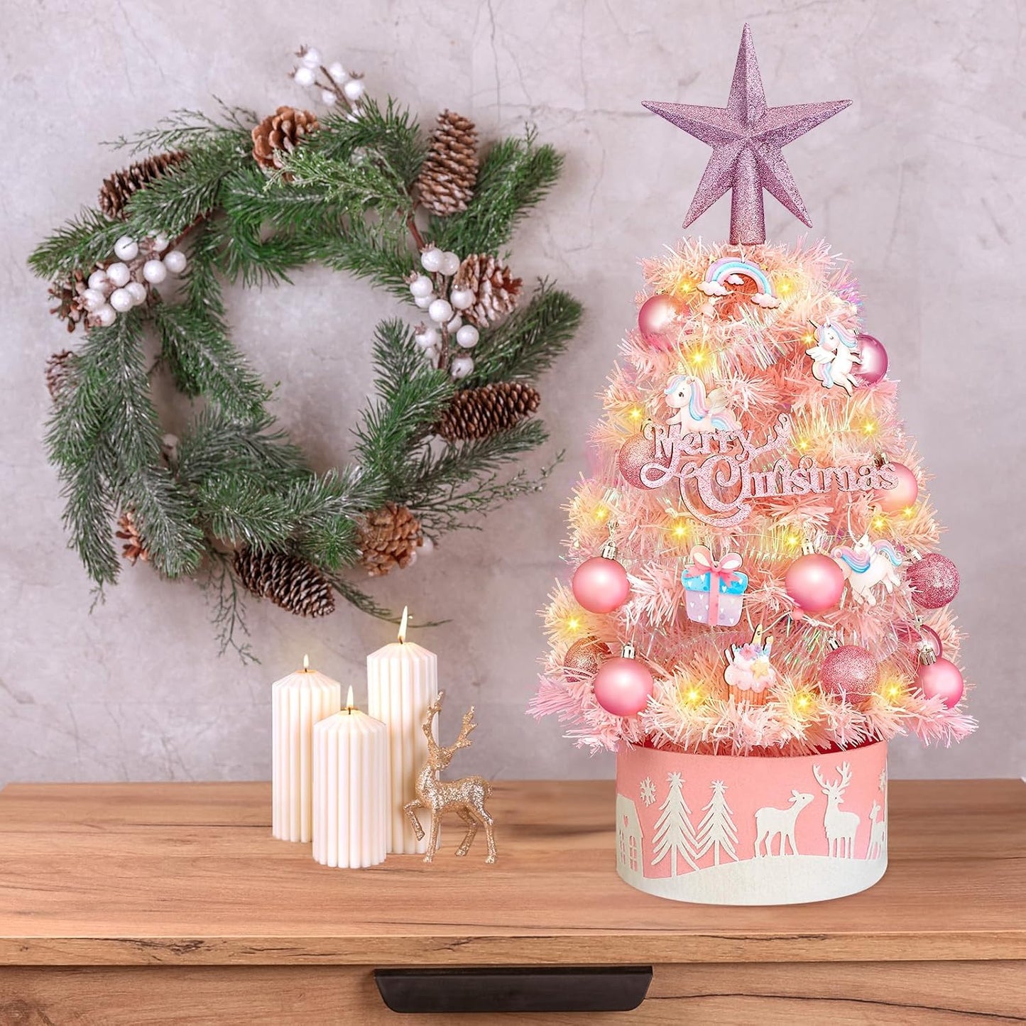 Tabletop Christmas Tree 24-Inch Mini Christmas Tree with LED String Lights, Star Treetop, Hanging Ornaments, Tabletop Small Xmas Tree for Holiday Indoor DIY Christmas Decor Pink