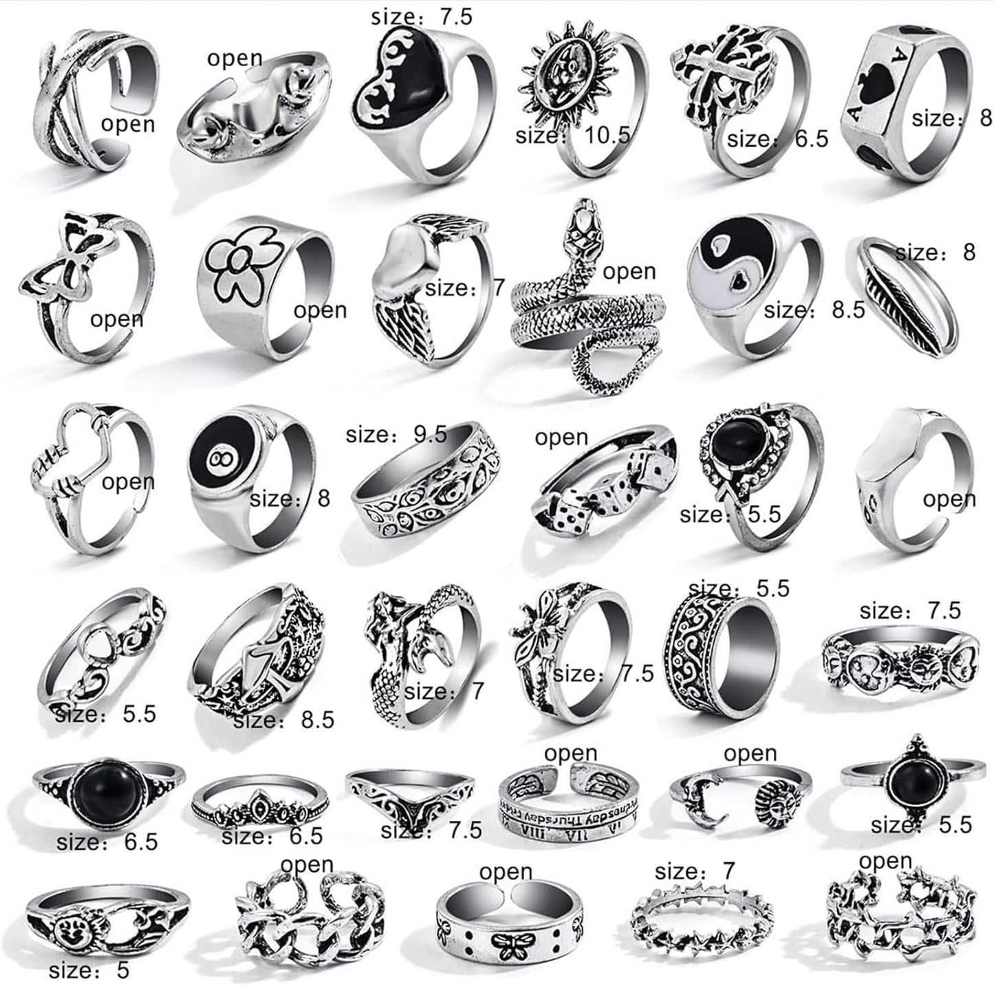 26-35 Pcs Vintage Silver Knuckle Rings Set for Women Men, Grunge Gothic Rings Chunky Aesthetic Snake Stackable Adjustable Punk Bulky Finger Alt Fairy Skull Frog Heart Star Flower Midi Ring Pack