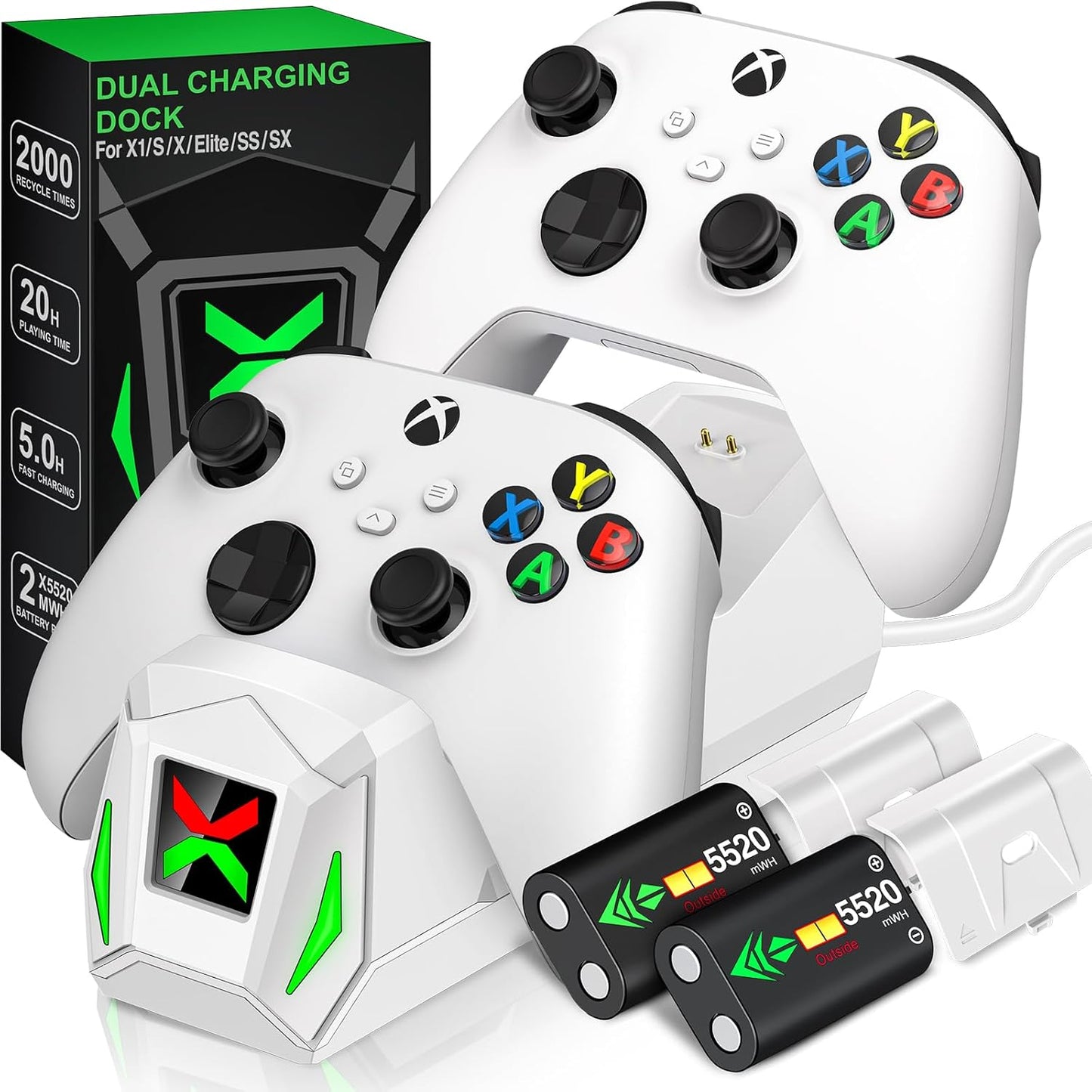 Upgraded Controller Charger Station with 2X5520Mwh Rechargeable Battery Packs for Xbox One/Series X|S Controller, Dual Charging Dock for Xbox One Controller Battery Pack (Controller Not Included)