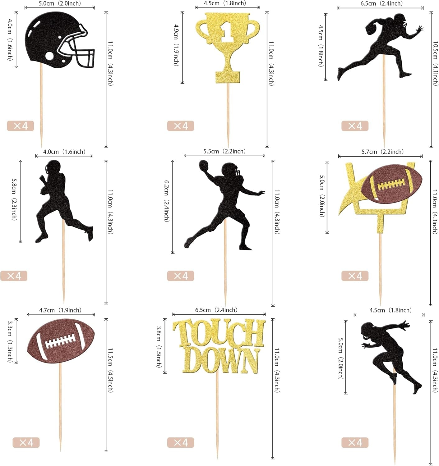 36 PCS Rugby Ball Cupcake Toppers Glitter Trophy Amecian Football Cupcake Picks Touchdown Player Cake Decorations for Super Bowl Rugby Sports Theme Baby Shower Kids Birthday Party