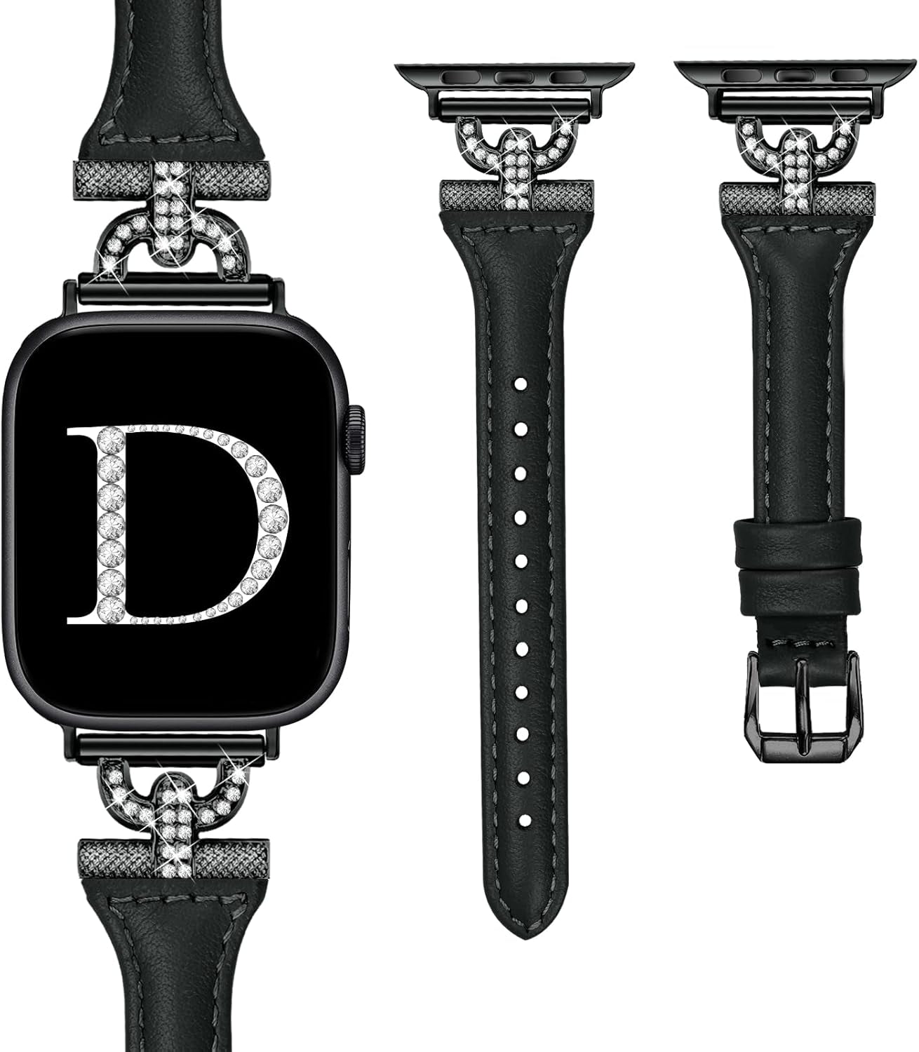 Slim Leather Bands Compatible with Apple Watch Band for Women 40Mm 41Mm 38Mm 44Mm 45Mm 49Mm 42Mm 46Mm, D-Shape Diamonds for Iwatch Women Bands Series 10 9 8 SE 7 6 5 Ultra 4 3 2 1
