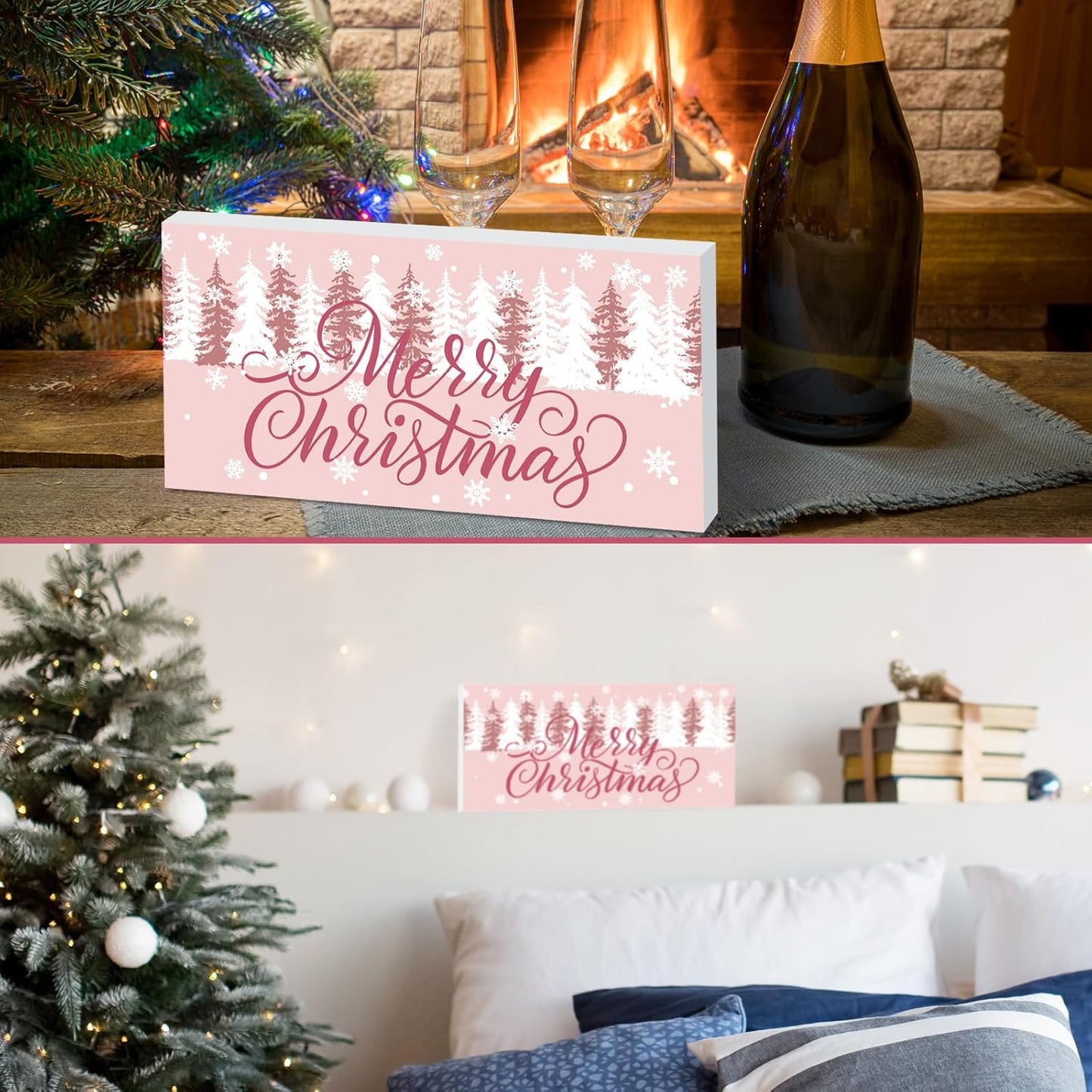 White Farmhouse Merry Christmas Wood Box Sign Pink Wooden Xmas Plaque Winter Woodland Xmas Green Table Decor Rustic Xmas Tree Block Sign Pink Holidays Decor for Home Kitchen 2X6In(Pink)