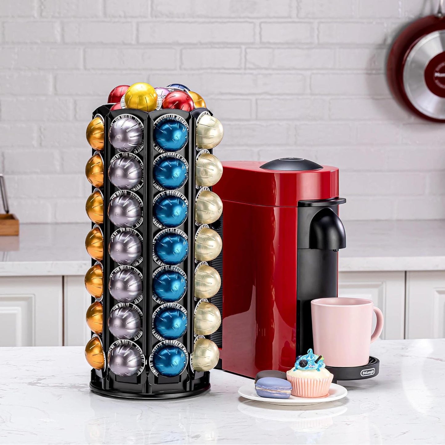 Vertuo Pod Holder Carousel Stand for Nespresso Vertuo Capsule Storage Organizer with Extra Space for Coffee Mate Silent Rolling (Vertuo 80+ Pod Storage)