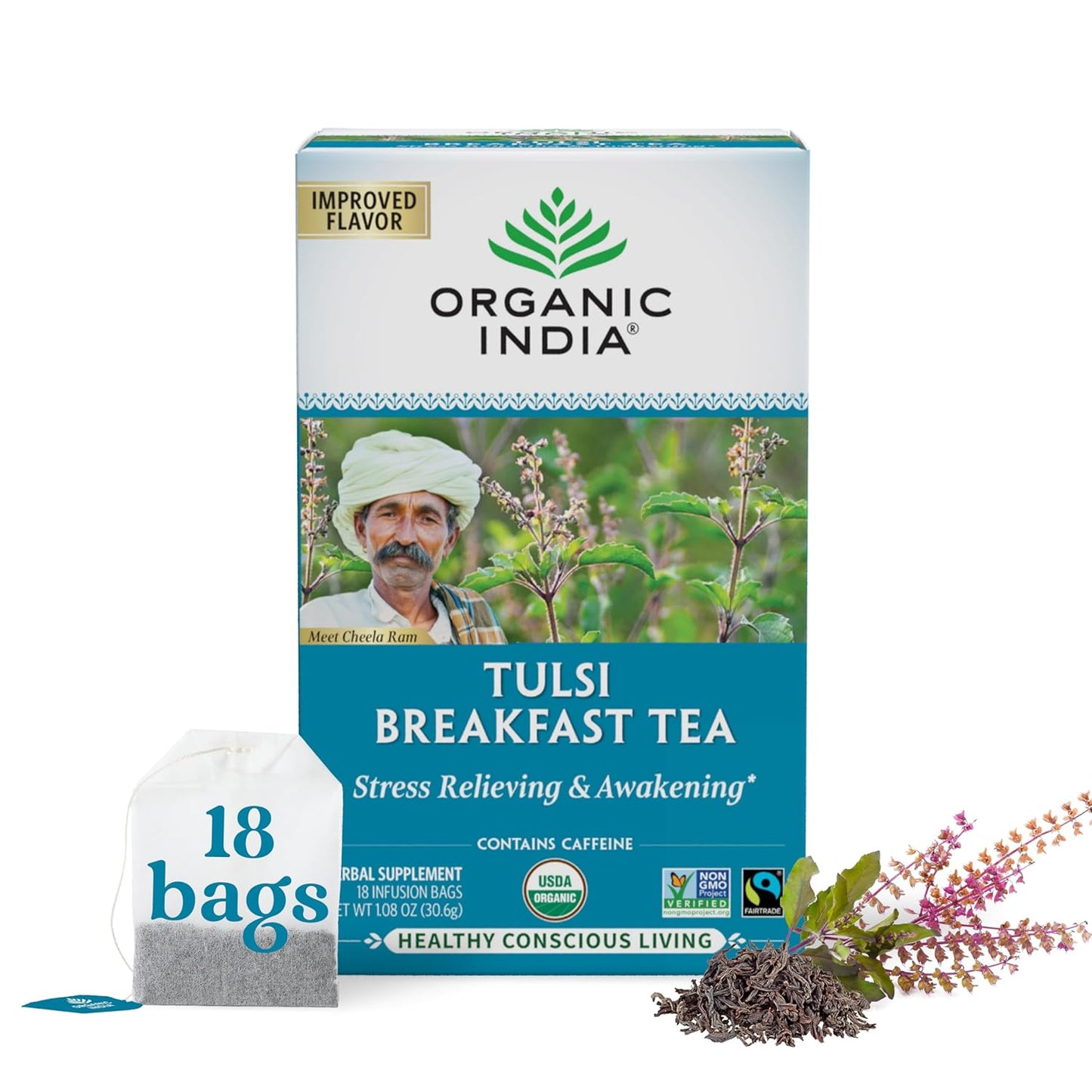 Tulsi Green Tea Bags - Holy Basil Tea, African Basil, Stress Relieving, Immune Support, USDA Certified Organic, Premium Darjeeling Green Tea, Caffeinated - 18 Infusion Bags, 1 Pack TLBH