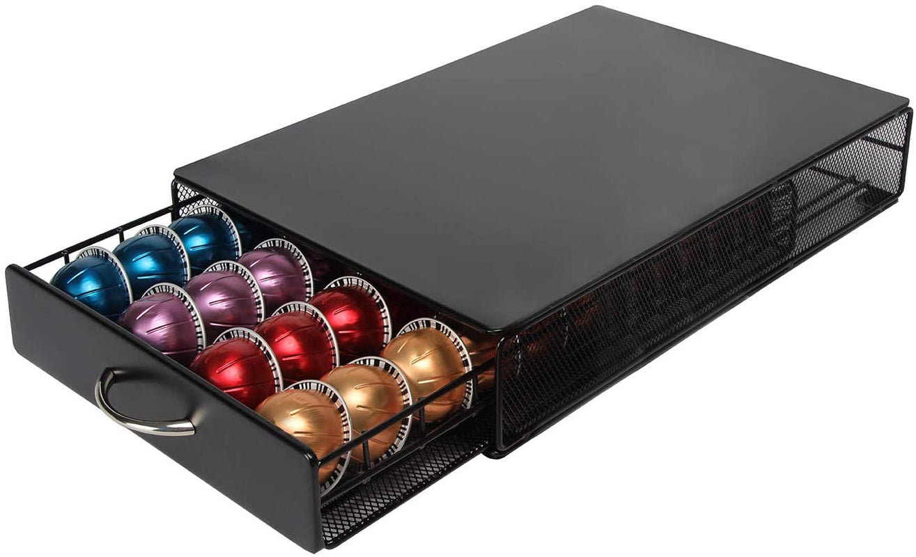 Vertuo Pod Holder Storage Drawer for Nespresso Vertuo Capsule Organizer Drawer Tray with Mesh Shelves for Nespresso Vertuo Holder Black Metal (40 Pods Capacity)