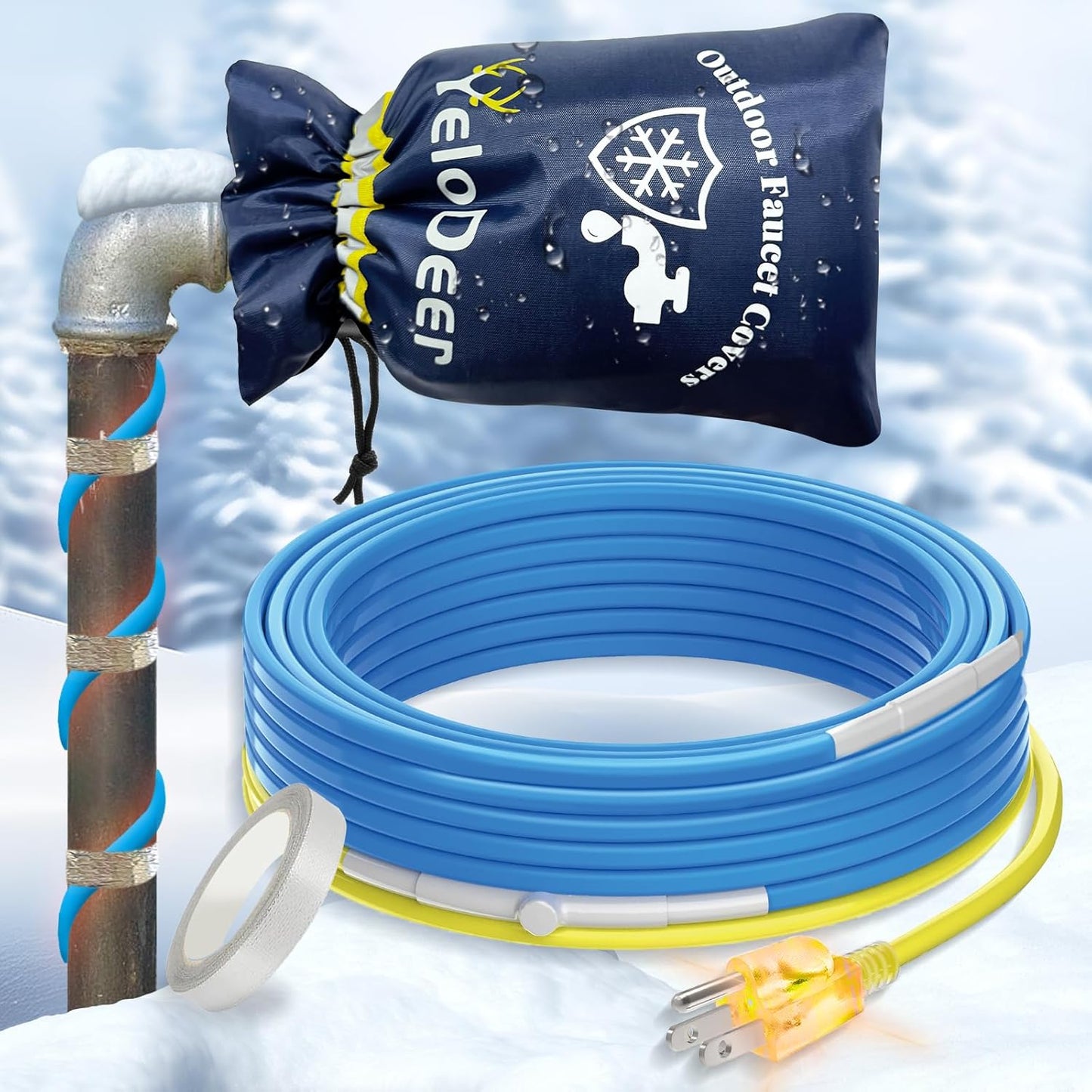 120 V Electric Pipe Heat Tape Kit for Pipe Freeze Protection 2 Feet, Heat Trace for Water Pipes Kit Paired with 7.3"W X 10.8"H Larger Size Outdoor Faucet Spigot Pipe Covers