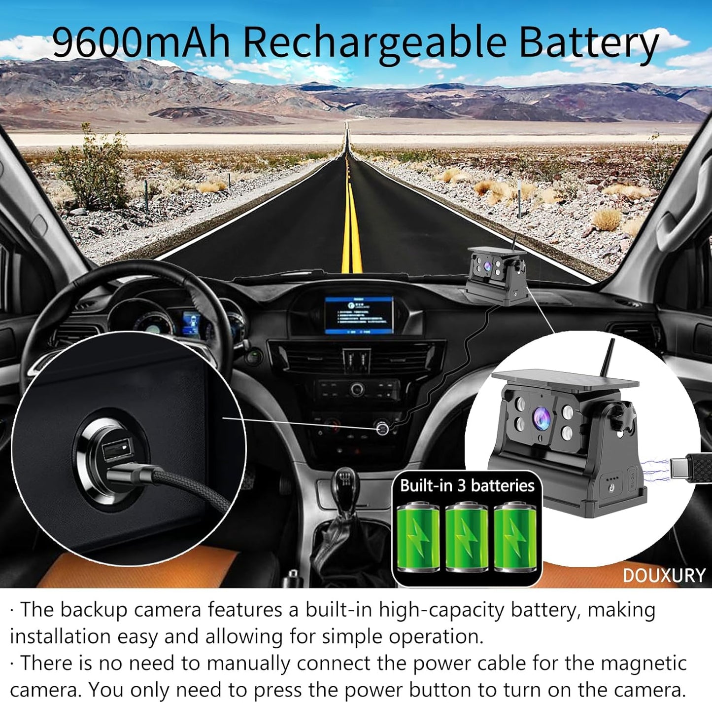 Wireless Backup Camera Solar Magnetic for Car RV Trailer Truck Camper 5Th Wheels Hitch Towing No Wiring No Drilling Rechargeable Night Vision Portable Backup Camera with 5" 1080P HD 2-Split Monitor TRUCK DRIVER