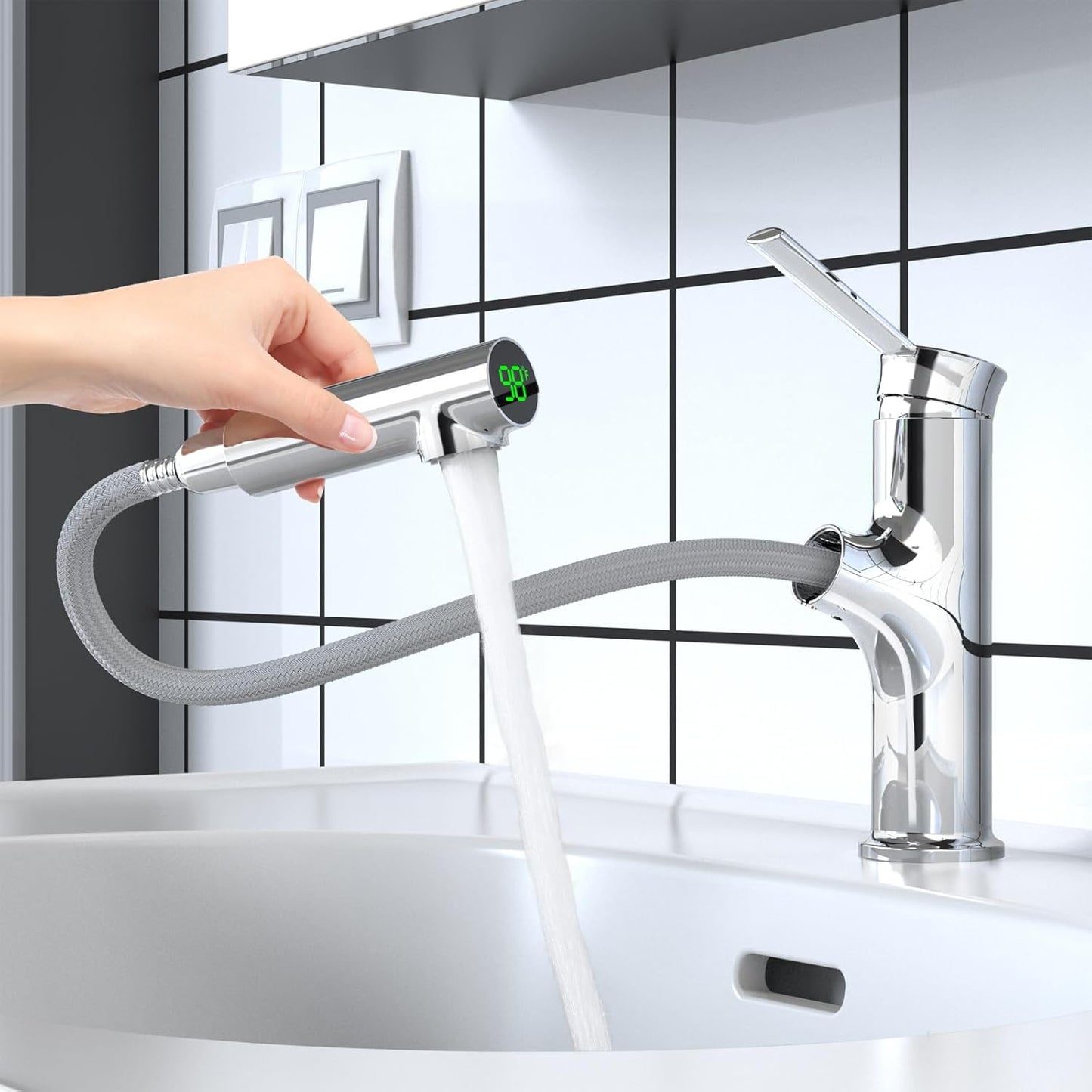 Bathroom Sink Faucet with Pull Out Sprayer, Temperature Digital Display Basin Faucets for 1 Hole Single Handle Lavatory Vanity Faucet Rv Single Hole Bath Faucet, Chrome
