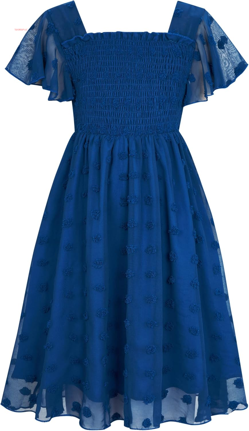 6-12T Girls Chiffon Dress with Solid Pom Poms & Flutter Ruffle Short Sleeve Kids Lace Square Neck Frocks