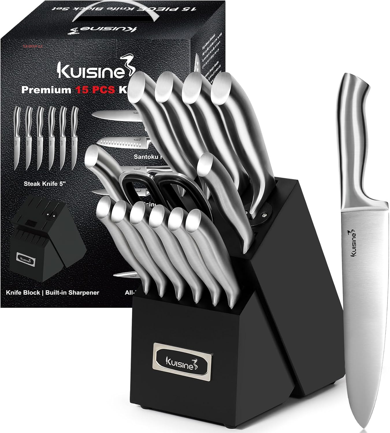 Chef Knife Set,High Carbon Stainless Steel Sharp Knife Set Ergonomic Handle,Kitchen Knife Block Set with Built-In Sharpener(Ivory Pro,15Pcs)