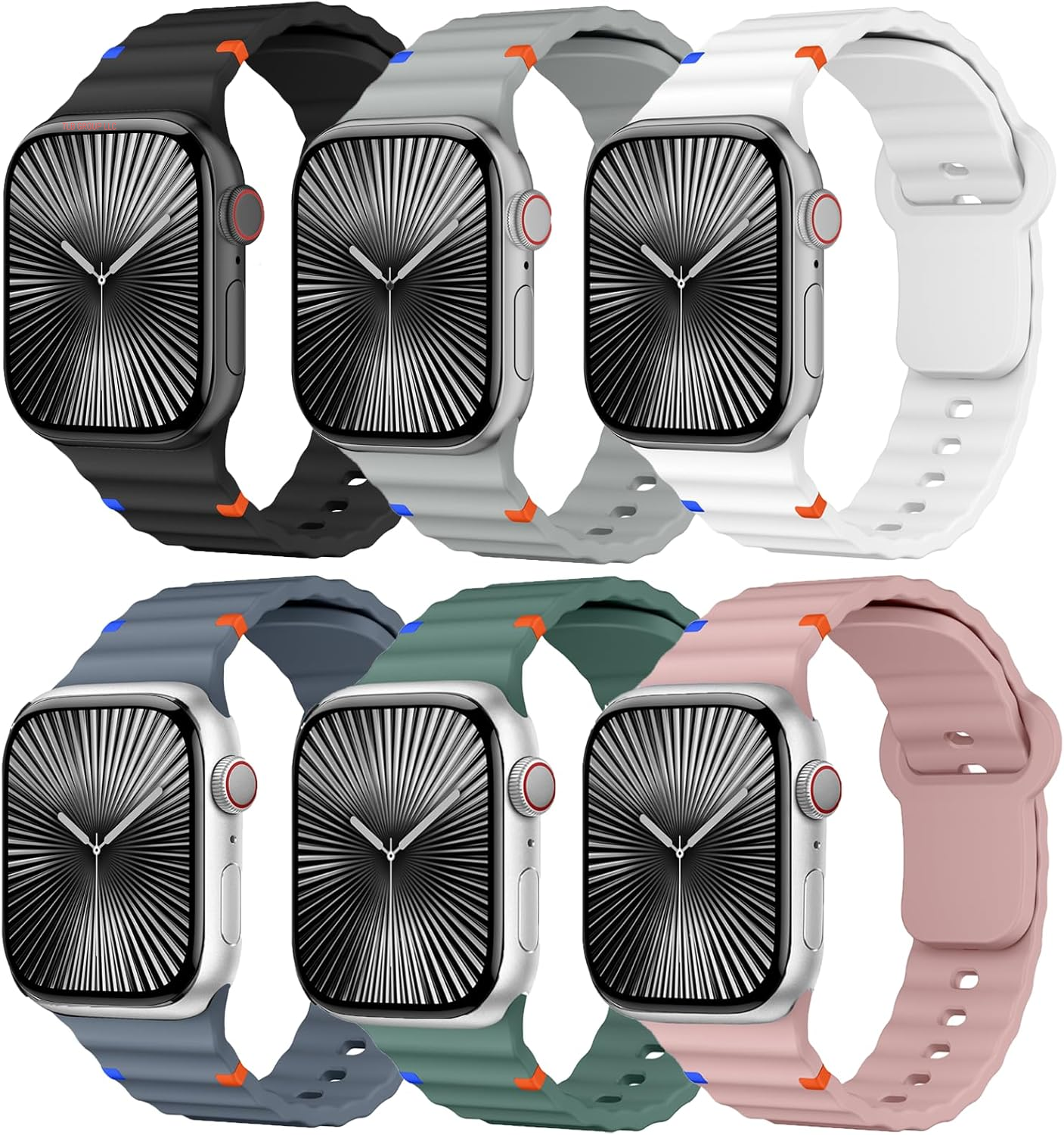 Sport Band for Apple Watch Ultra/2 Bands 49Mm 46Mm 45Mm 44Mm 42Mm 41Mm 40Mm 38Mm for Men Women,Waterproof Soft Silicone Strap Wristband for Iwatch Series 10 9 8 7 6 5 4 3 SE/2 41 45 40 44 Mm,6 Pack