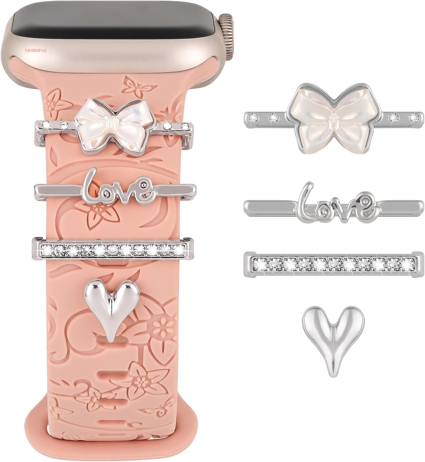 Charm+Band for Apple Watch Bands 40Mm 41Mm 38Mm 44Mm 45Mm 46Mm 42Mm Women Men,Floral Engraved Silicone Sport Band+Decorative Ring Loops for Iwatch Series 10 9 8 7 6 5 4 3 SE Ultra/2 49Mm,Jewelry Strap