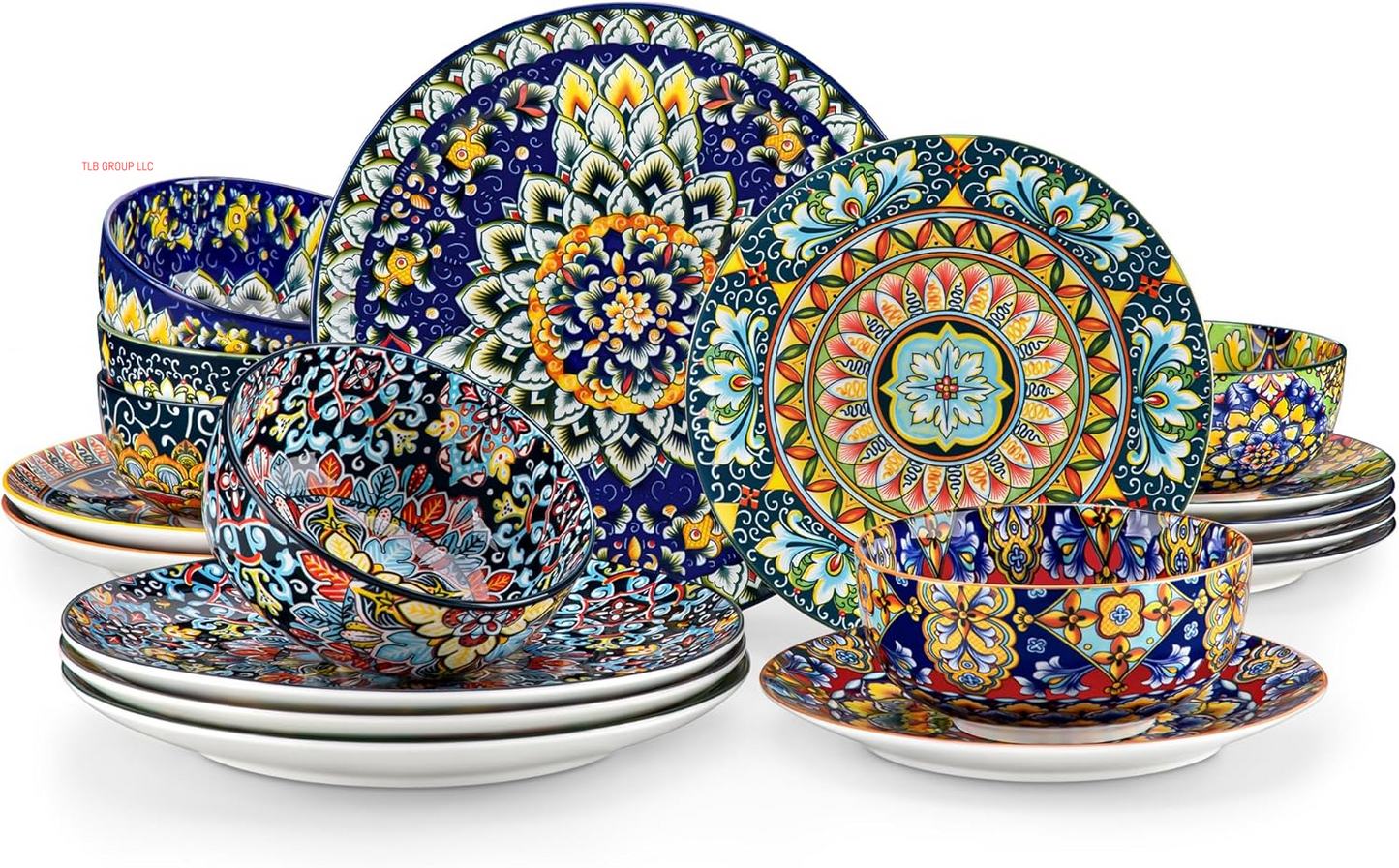 12 Pieces Dinnerware Sets, Plates and Bowls Set, Porcelain Dishes Set for 4, Microwave and Dishwasher Safe, Scratch Resistant, Bohemian Style Dining Ware Service for 4, Series SIMI