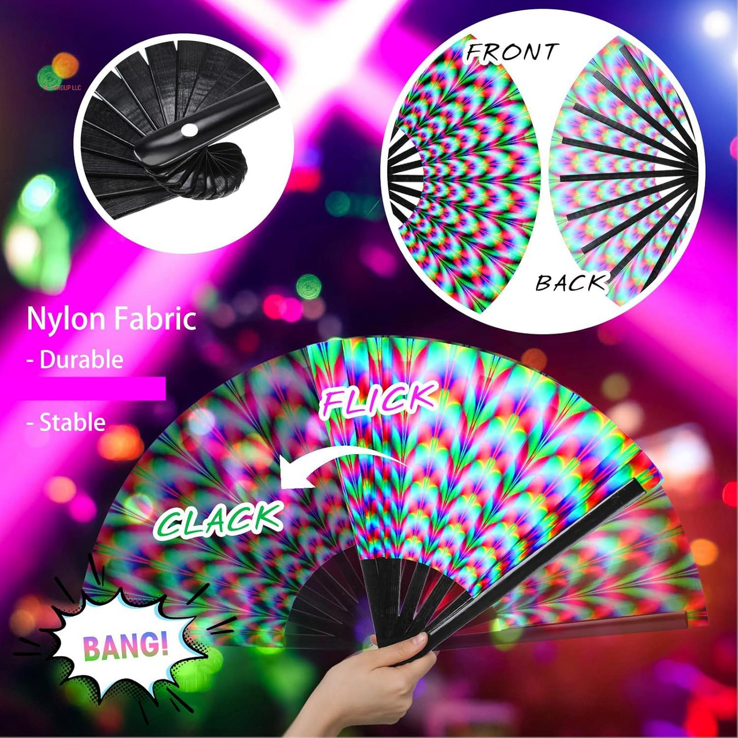 13 Inch Large Clack Rave Fan Folding Hand Fans for Line Dancing Popping Men Women Trippy Gifts Glow Handheld for EDM Music Festival Club Disco Party Dance Decoration