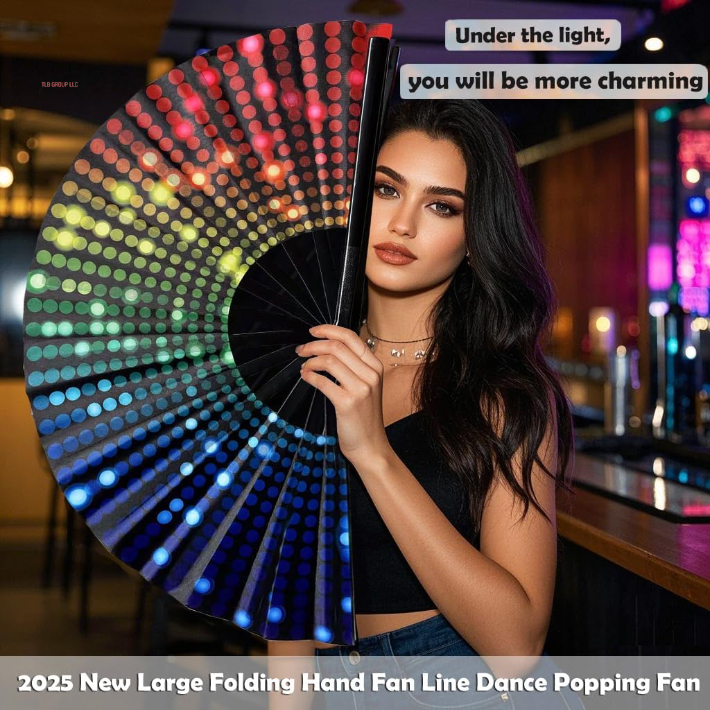 13 Inch Large Folding Fan-Hand Fan Popping Fan for Line Dancing Clacking Fans for Boots on the Ground Dance,Party,Outdoor,Decoration (Party Lights)