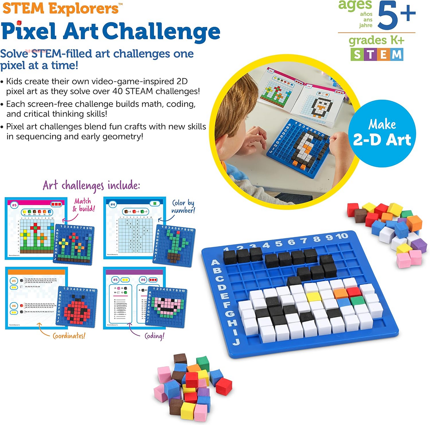 STEM Explorers Pixel Art Challenge - Math Puzzles, Pattern Blocks, Creativity for Kids Sensory Bin, Arts and Crafts, Math Manipulatives, Building Toys, Montessori
