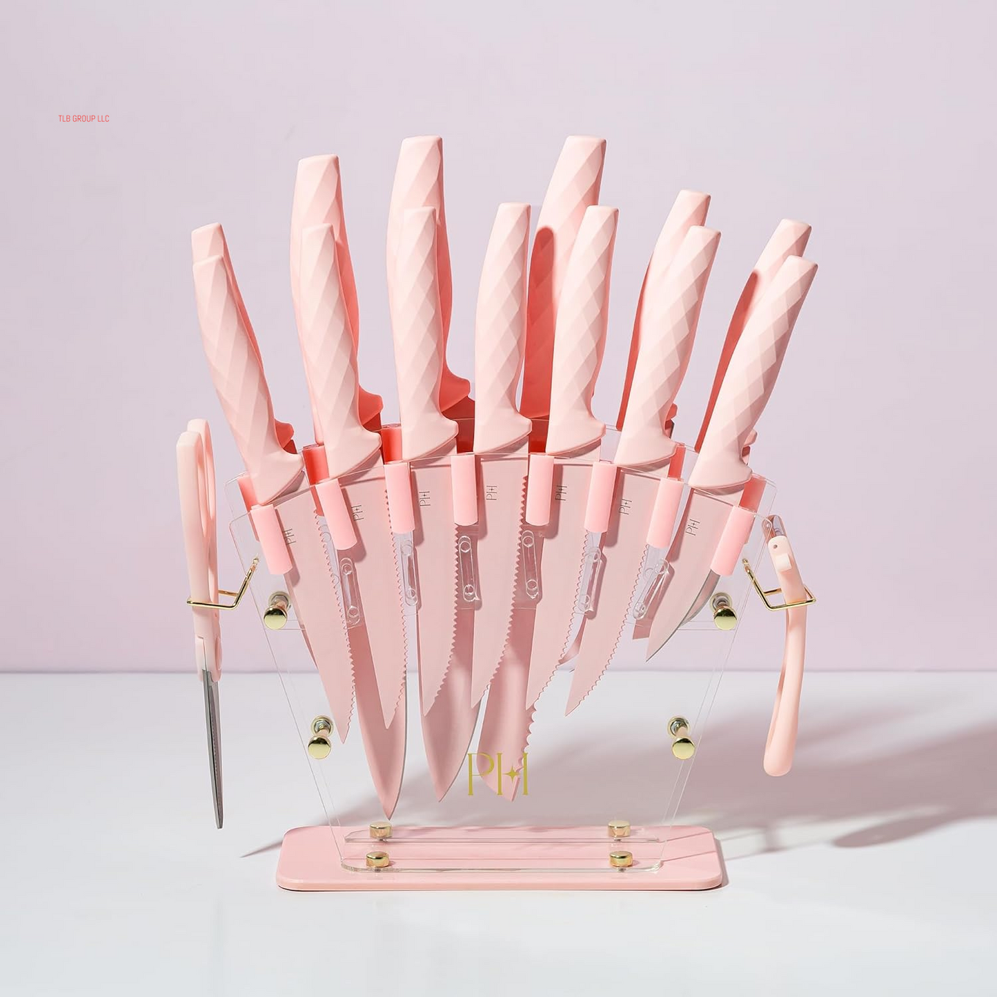 Knife Block Set with Fan Style Clear Acrylic Knife Block, Premium Stainless Steel Blades with Nonstick Coating, Comfort Grip Handles, 16-Piece Set, Pink and Gold