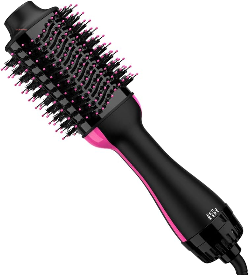 Hair Dryer Brush, 4 in 1 Styling Tools Blow Dryer with Ceramic Oval Barrel, Hot Air Brush Hair Straightener Brush for All Hair Types, Pink, Ionic Technology, 1200W, 3 Heat Settings