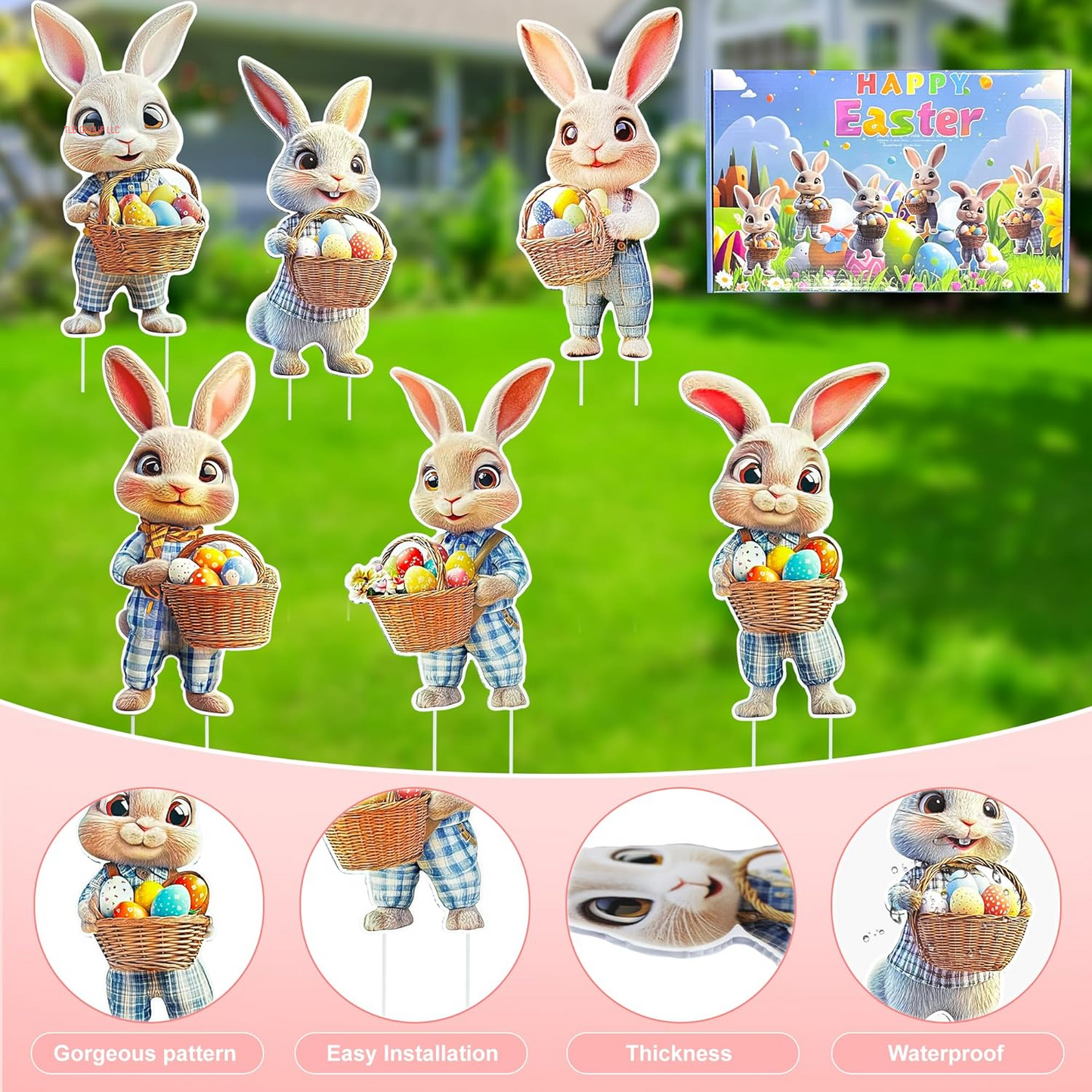 16 PCS Easter Bunny Decorations Outdoor, Easter Yard Signs Bunny and Eggs with Stakes for Home Decor, Waterproof Garden Lawn Spring Signs