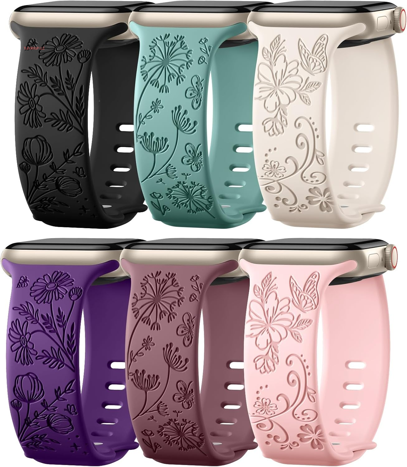 6 Pack Flower Engraved Band Compatible with Apple Watch Bands for Women 40Mm 41Mm 42Mm 38Mm 44Mm 45Mm 46Mm 49Mm,Cute Soft Waterproof Sport Strap for Iwatch Bands Women Series 10 9-1 SE Ultra1/2