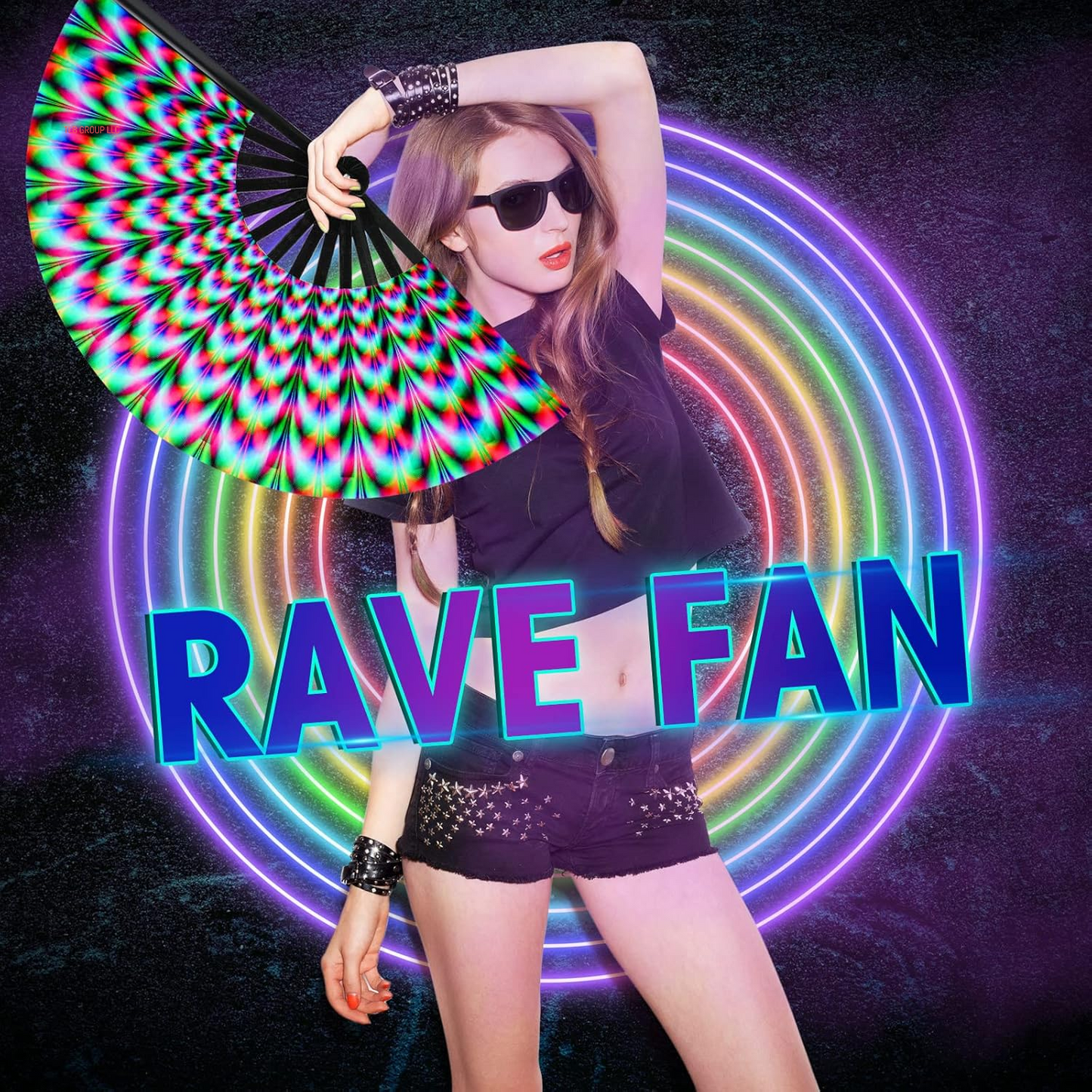 13 Inch Large Clack Rave Fan Folding Hand Fans for Line Dancing Popping Men Women Trippy Gifts Glow Handheld for EDM Music Festival Club Disco Party Dance Decoration