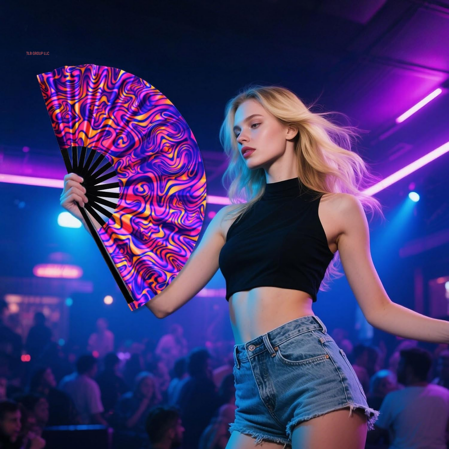 UV Glow Rave Fan Large Handheld Folding 13 Inch Bamboo Festival Foldable Clack Popping Fan for Line Dancing Men and Women (Ripple)