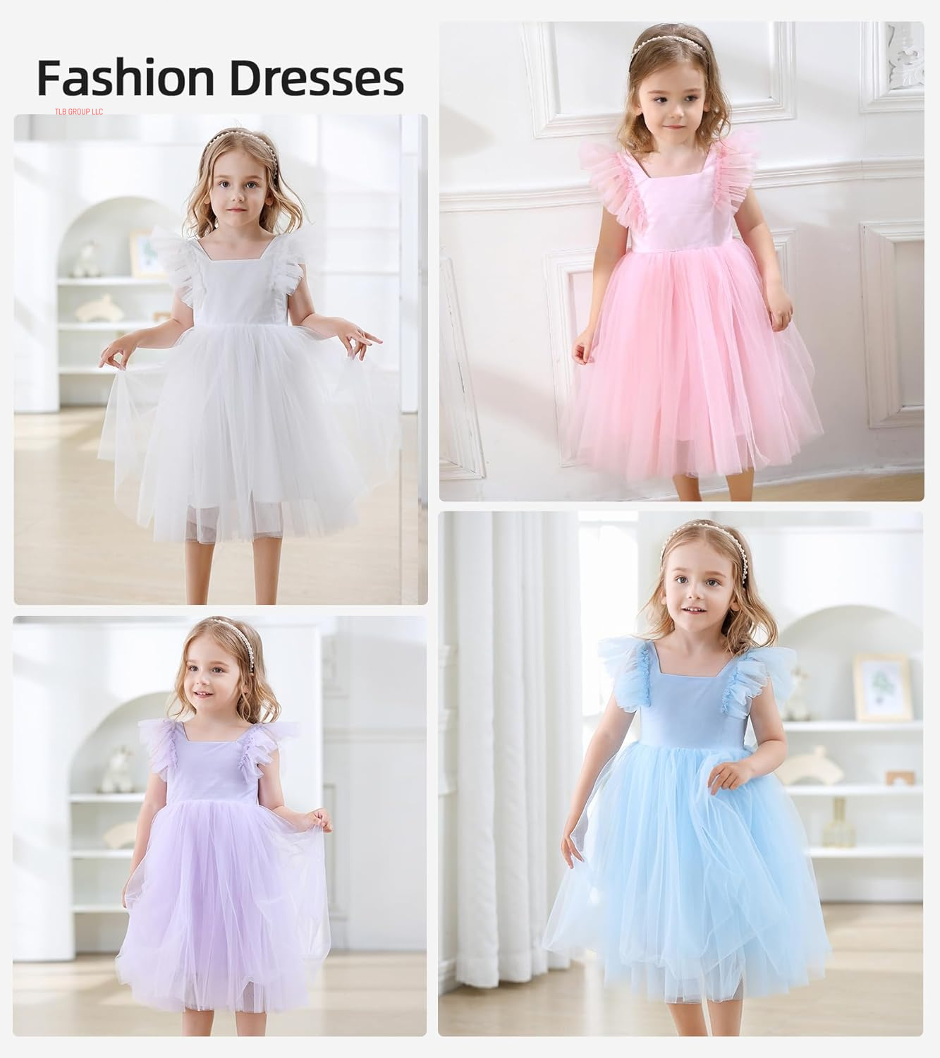 Toddler Girls Vintage Party Dress Ruffled Sleeve A-Line Tulle Flower Girl Dresses for Wedding,Birthday