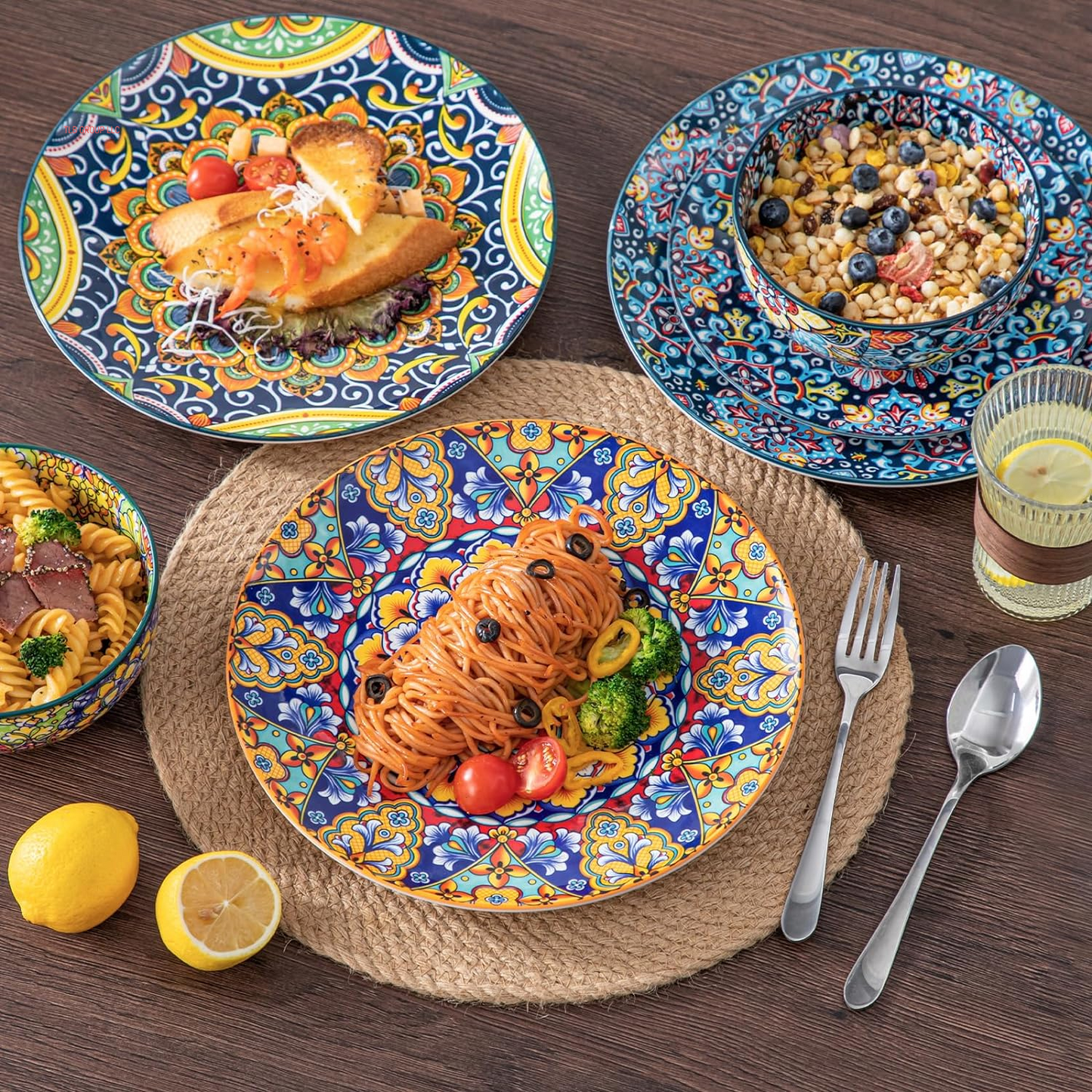 12 Pieces Dinnerware Sets, Plates and Bowls Set, Porcelain Dishes Set for 4, Microwave and Dishwasher Safe, Scratch Resistant, Bohemian Style Dining Ware Service for 4, Series SIMI