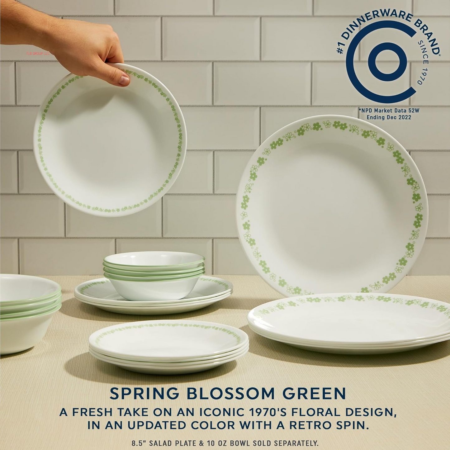 Vitrelle 18 Piece Glass Dinnerware Sets, Service for 6, Triple Layer Chip & Crack Resistant Glass Plate and Bowl Sets, Spring Blossom Green