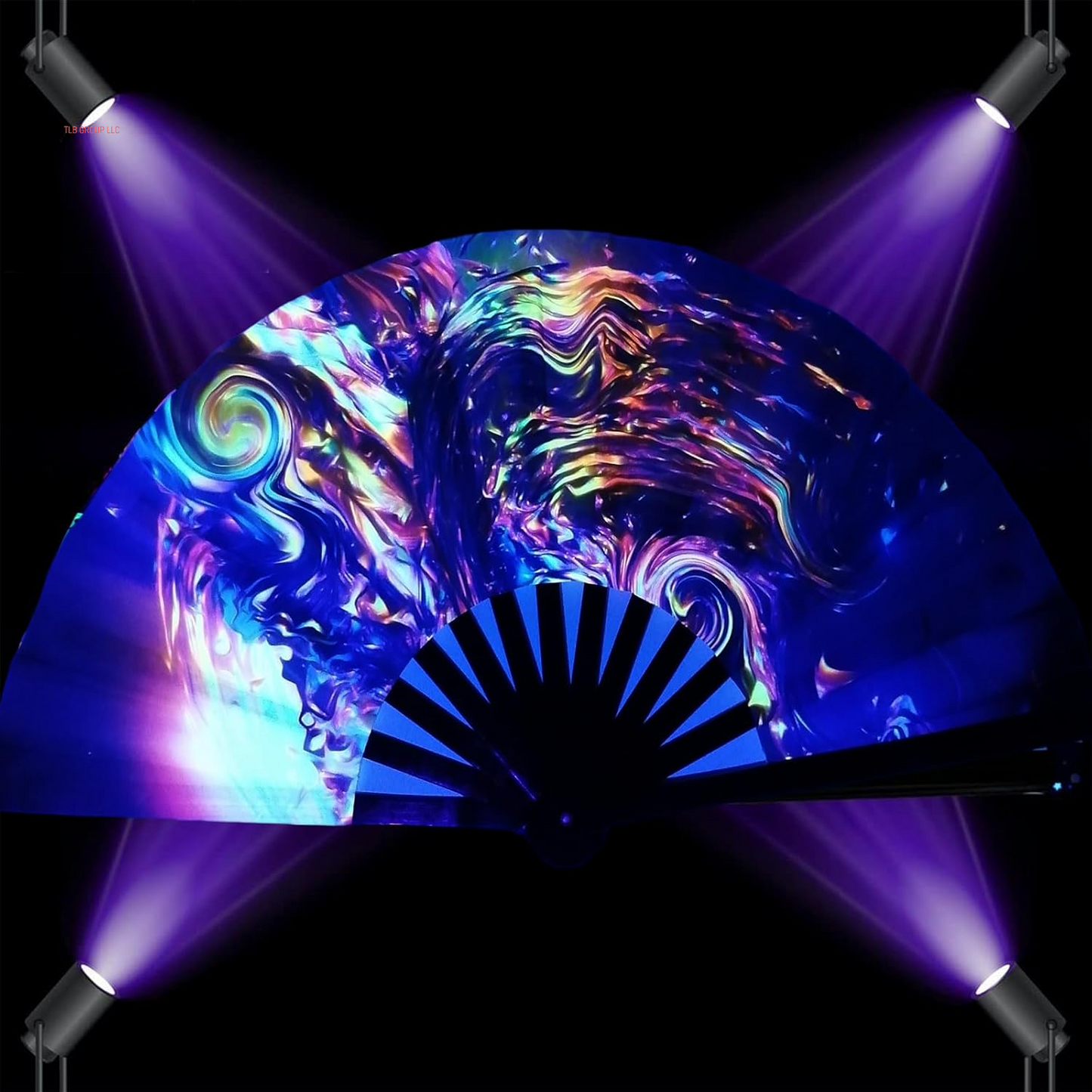 13‘’ UV Glow Large Rave Fan for Men Women, Popping Fan for Line Dancing, Decorative Folding Hand Fan for Party, Home Decoration, Gift, Music Festival Essential, EDM Rave Accessories (Waves)