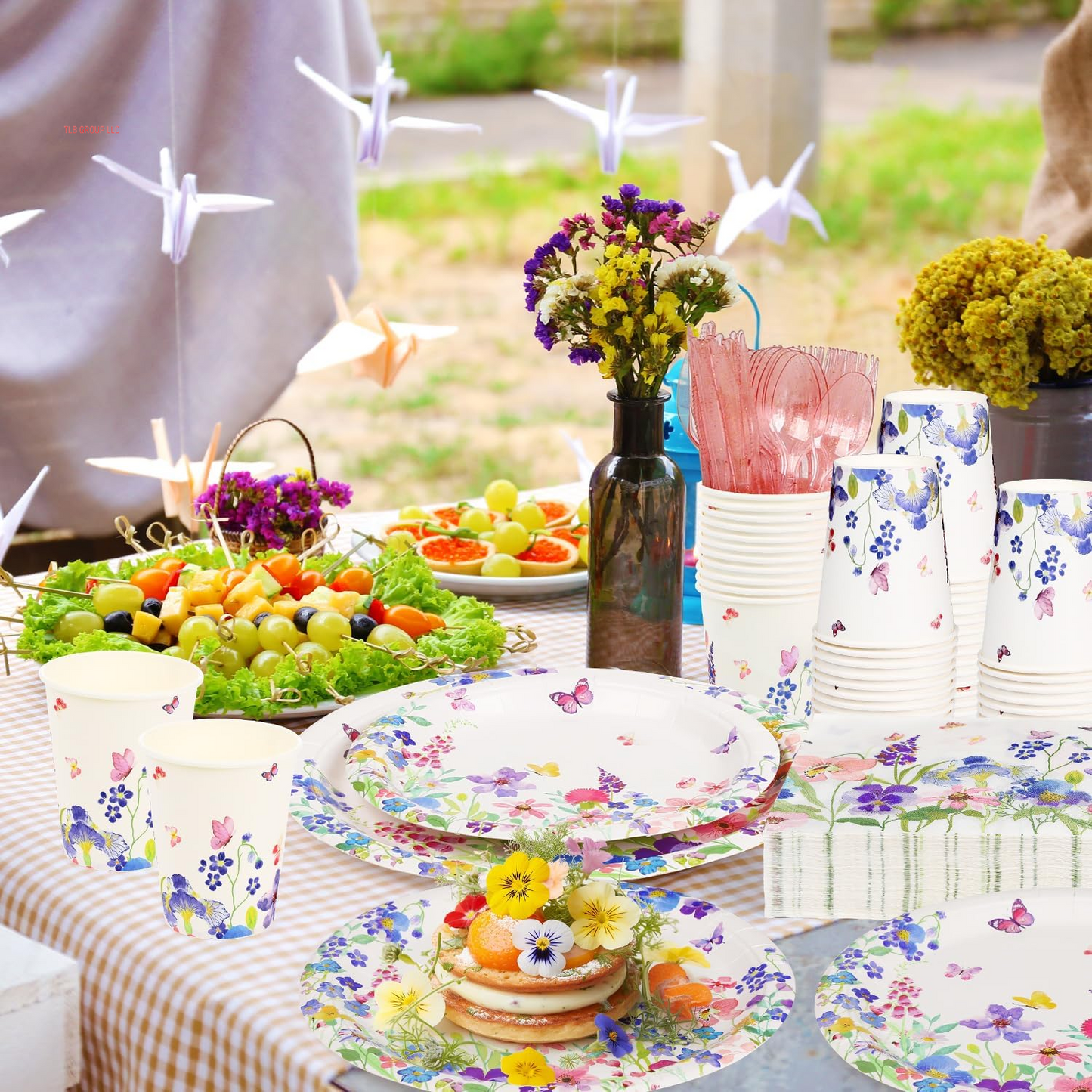 400 Pcs Spring Floral Party Decoration Baby Shower Disposable Tableware Sets Birthday Party Supplies Serves 50 Guests Disposable Plates Napkins and Cups for Baby Bridal Shower Birthday Party